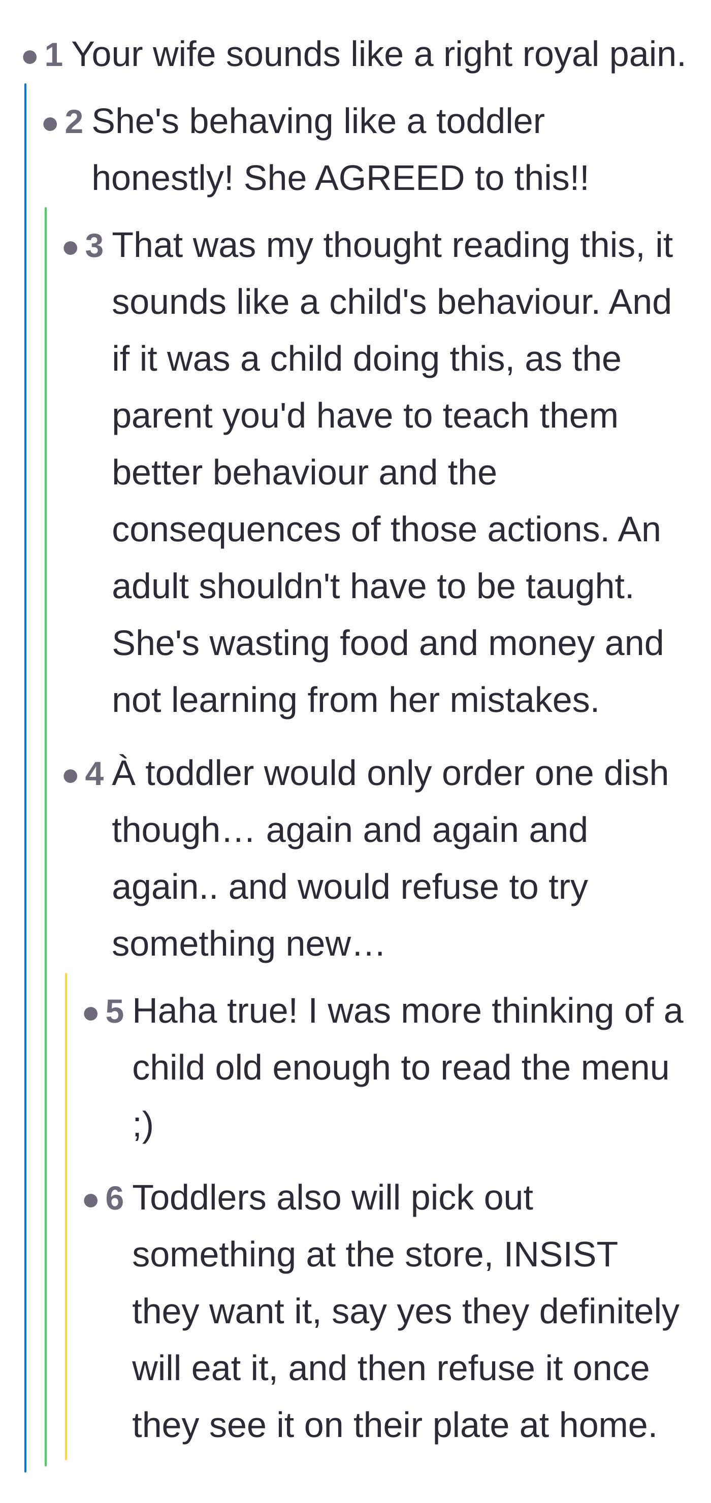 Comment thread 2 - Readers comparing the wife's passive-aggressive pouting to the behavior of a toddler.