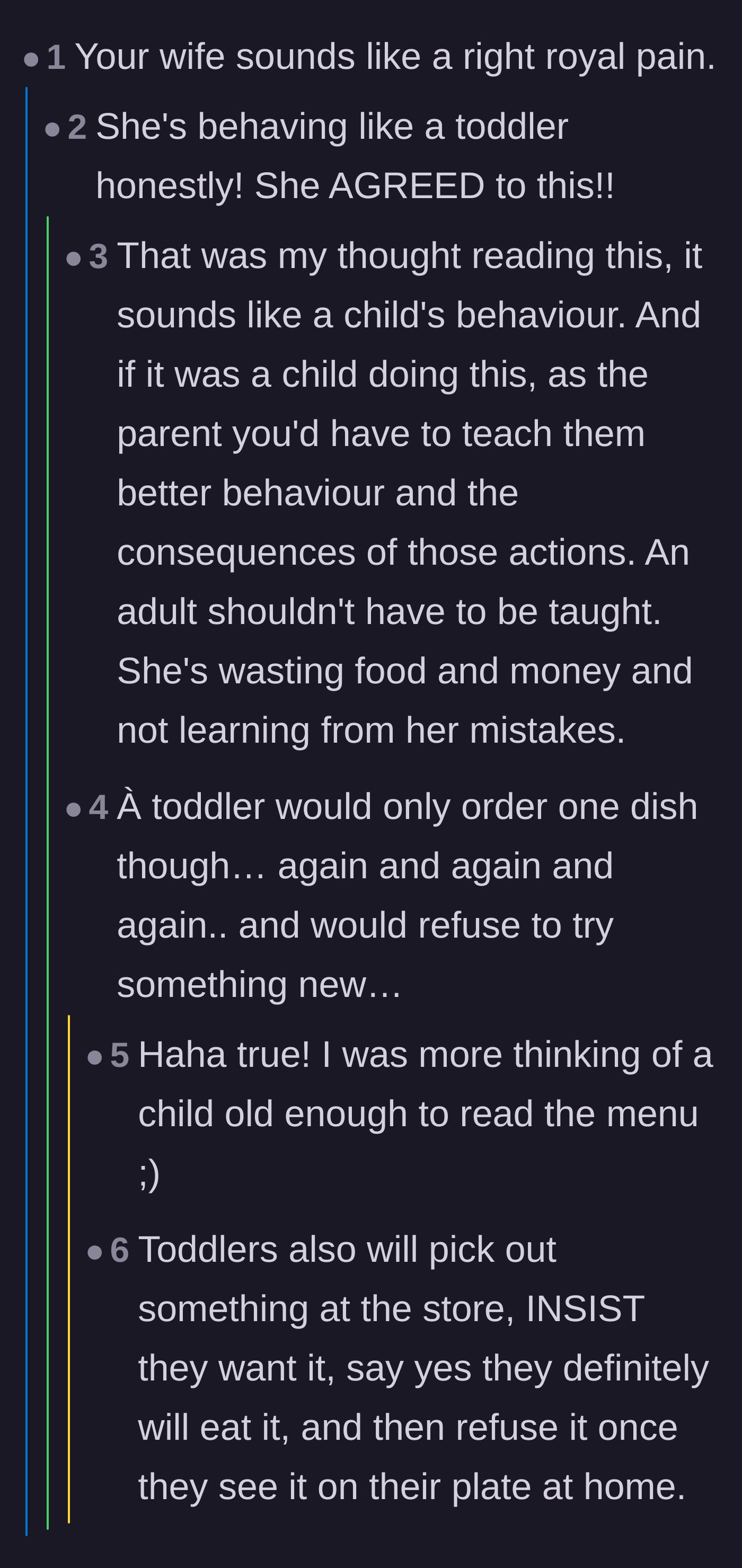 Comment thread 2 - Readers comparing the wife's passive-aggressive pouting to the behavior of a toddler.
