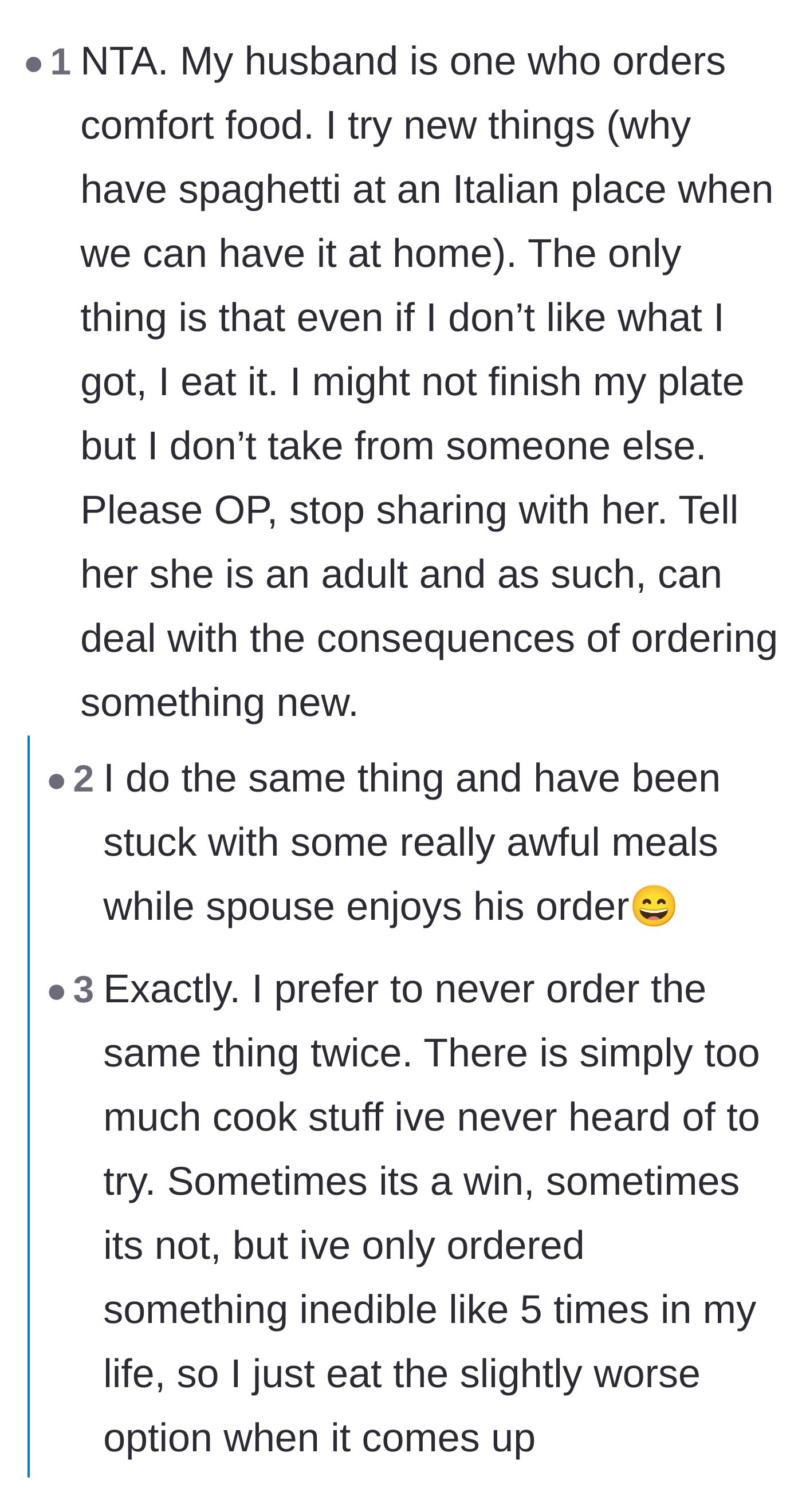 Comment thread 3 - Adventurous eaters chiming in to say they always finish their own bad meals instead of stealing food.