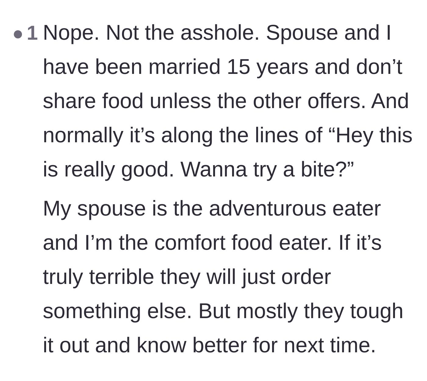Comment thread 5 - Married couples sharing that they only exchange small tasting bites rather than demanding half a meal.