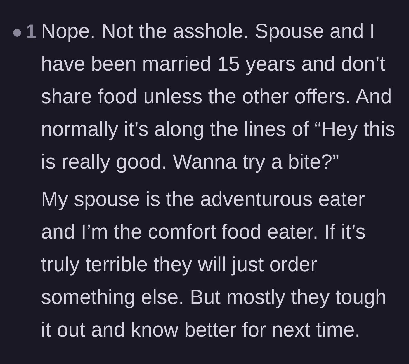 Comment thread 5 - Married couples sharing that they only exchange small tasting bites rather than demanding half a meal.