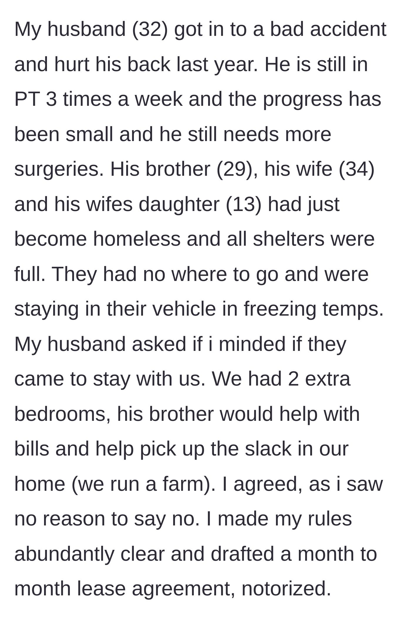 Story part 1 - A farm owner drafts a notarized lease to help her homeless brother-in-law's family.
