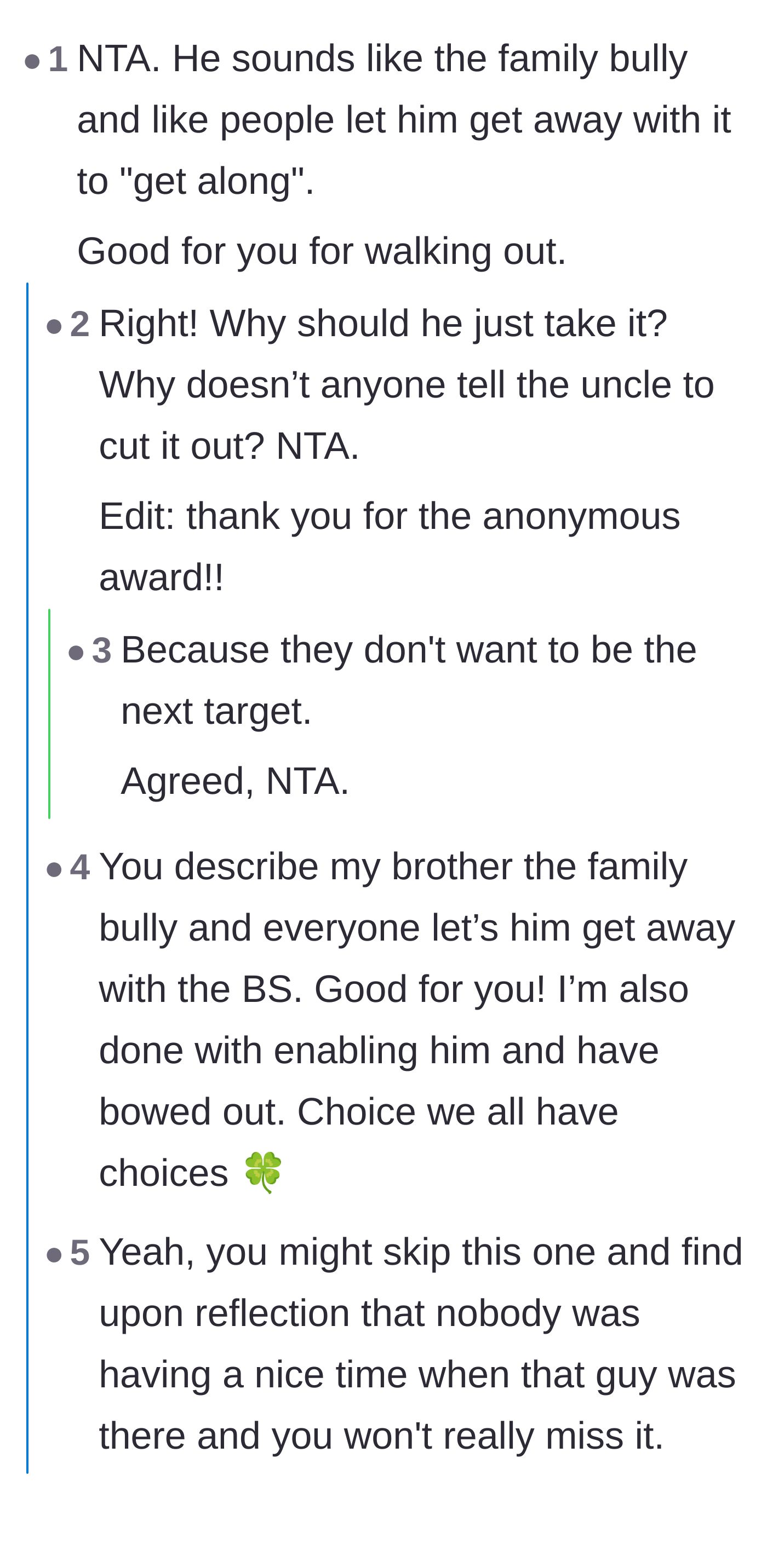 Comment thread 2 - Readers discuss the family bully dynamic and the struggle of setting boundaries with relatives.
