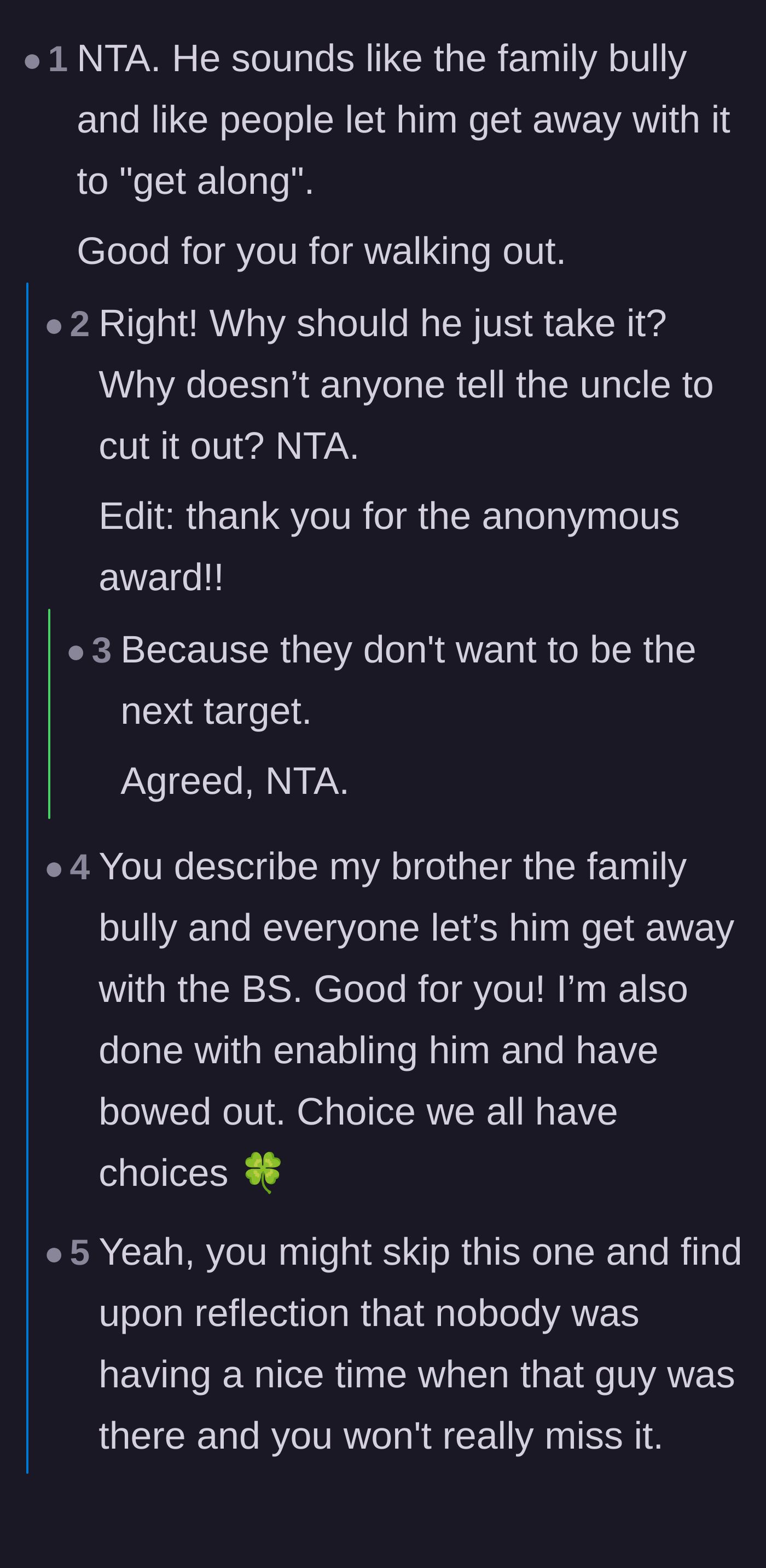 Comment thread 2 - Readers discuss the family bully dynamic and the struggle of setting boundaries with relatives.