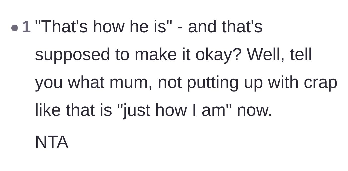 Comment thread 3 - A reader turns the 'that's just how he is' phrase back on the mother to defend the main character.
