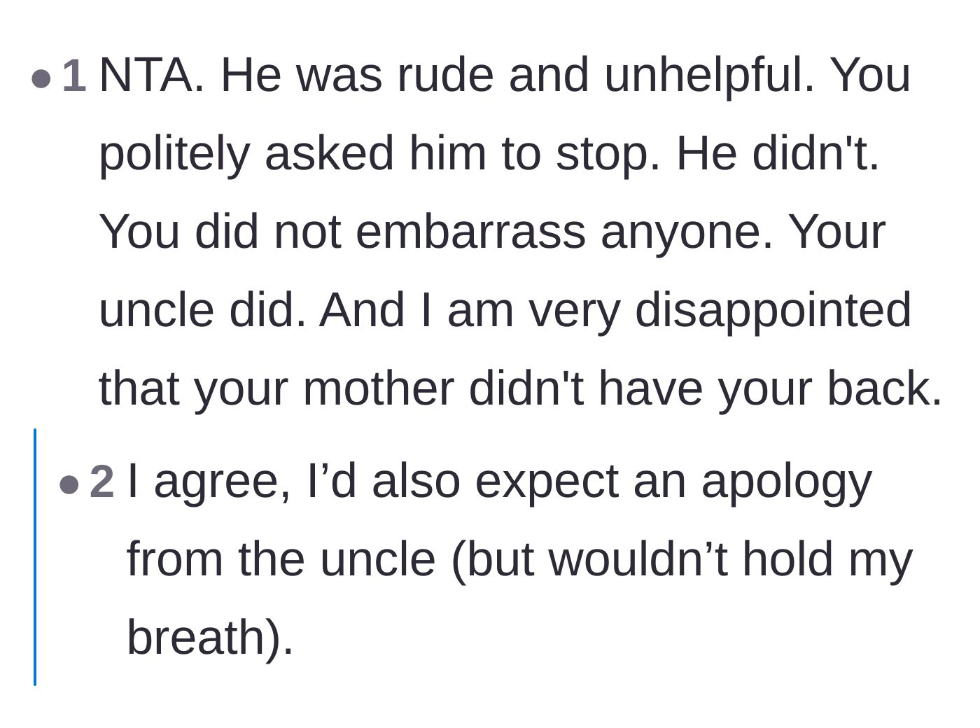 Comment thread 4 - Readers confirm the uncle and the family are in the wrong, while expressing disappointment in the mother's lack of support.