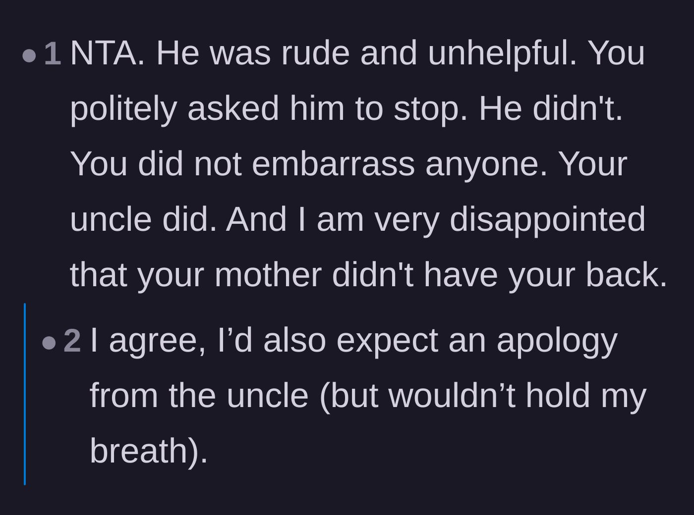 Comment thread 4 - Readers confirm the uncle and the family are in the wrong, while expressing disappointment in the mother's lack of support.