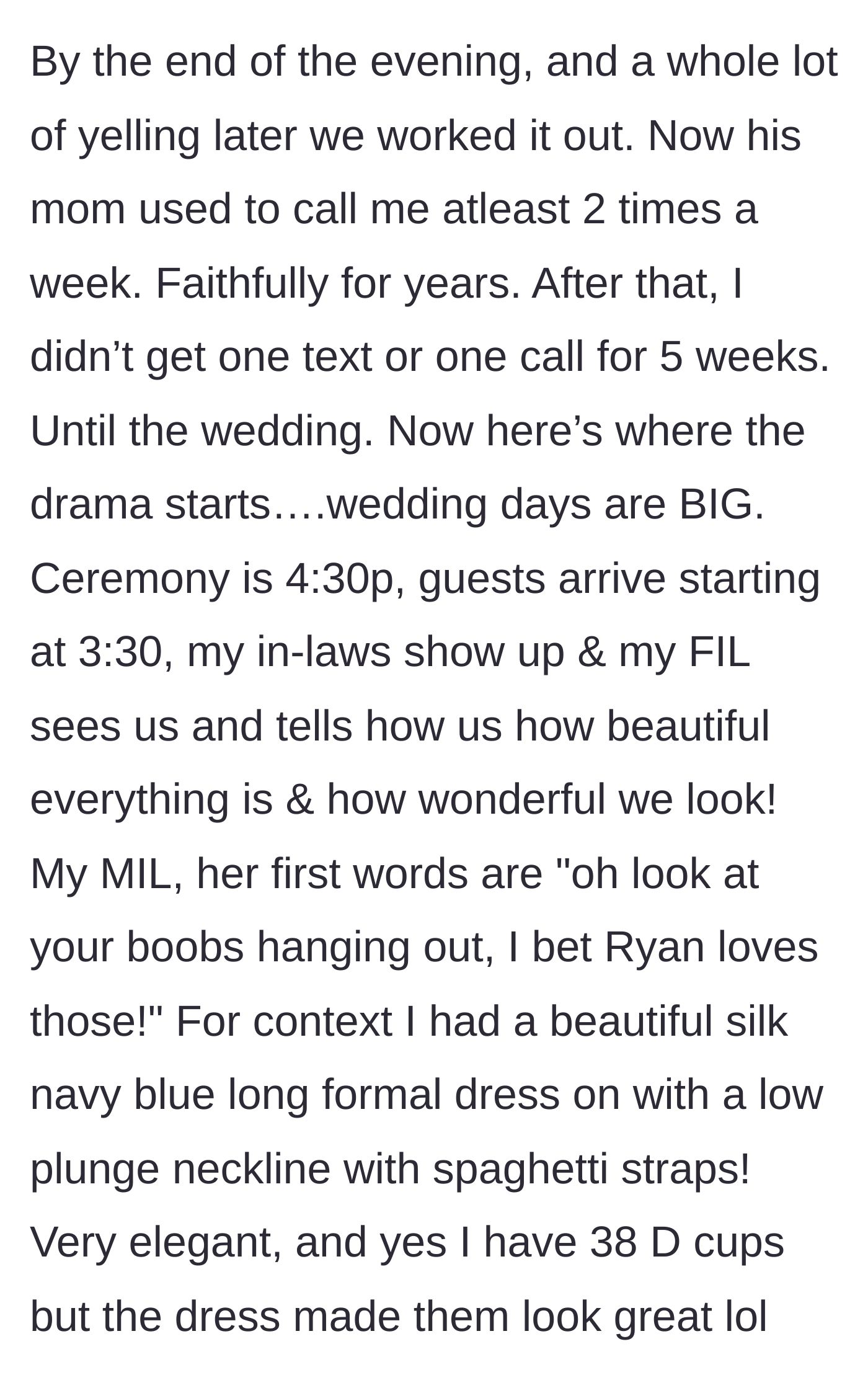 Story part 4 - The mother-in-law gives the silent treatment for five weeks leading up to the wedding day.