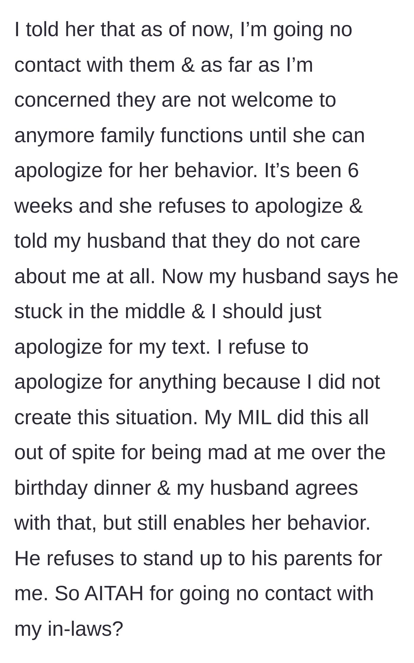 Story part 9 - The husband refuses to defend his wife, so she sends a text cutting off the in-laws until she gets an apology.