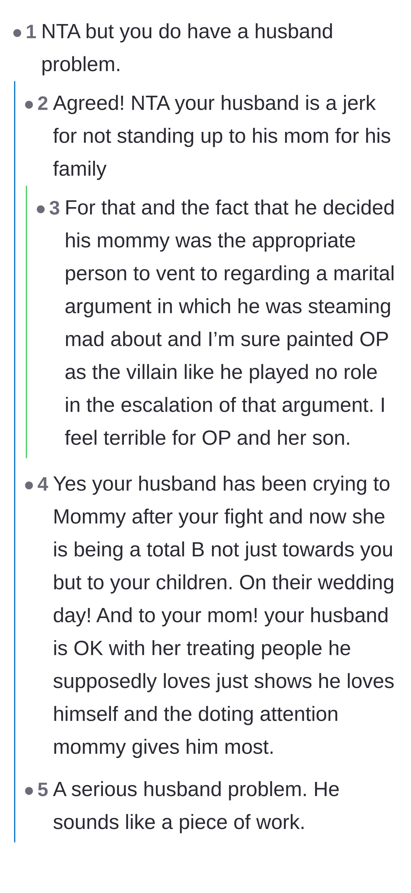 Comment thread 1 - Readers call out the husband for crying to his mommy and dragging out his male OBGYN insecurities.