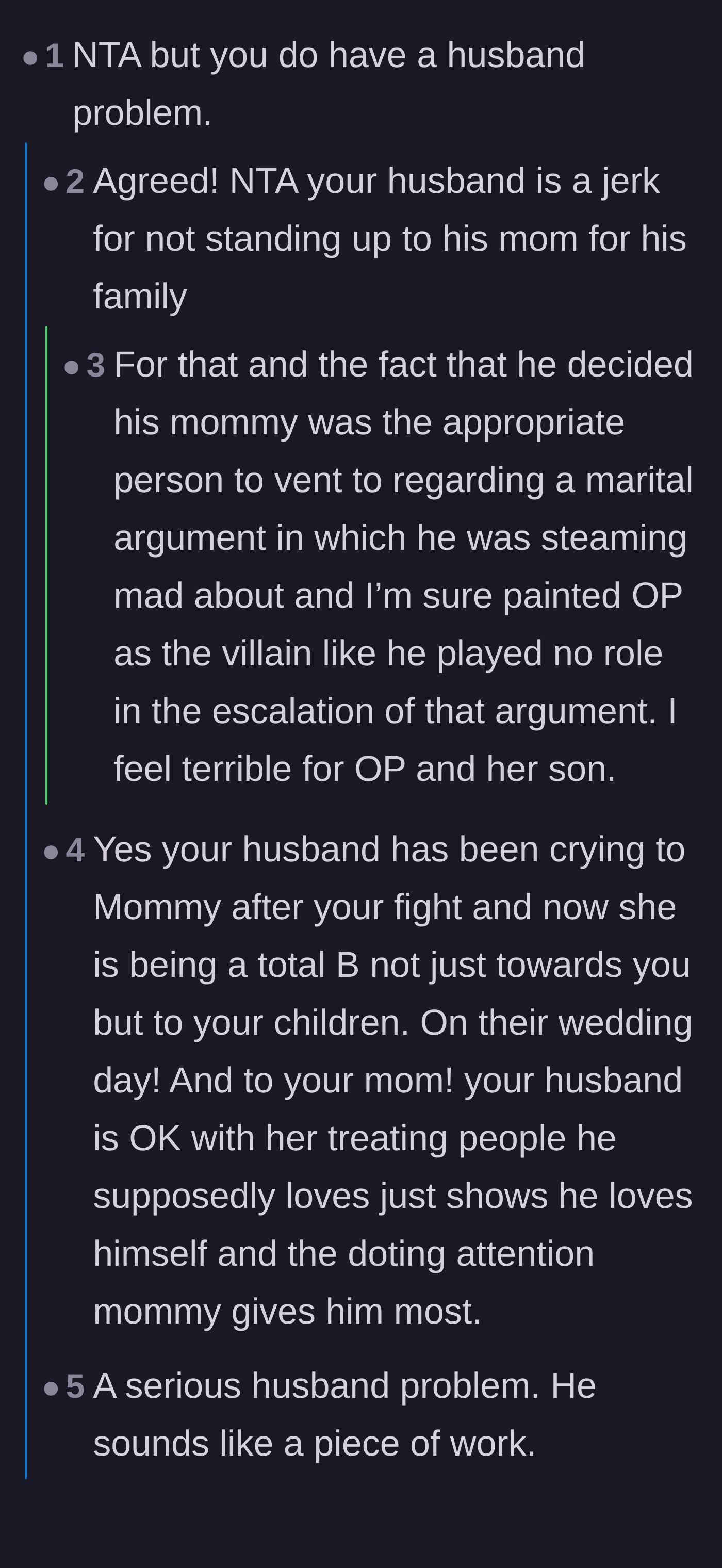 Comment thread 1 - Readers call out the husband for crying to his mommy and dragging out his male OBGYN insecurities.