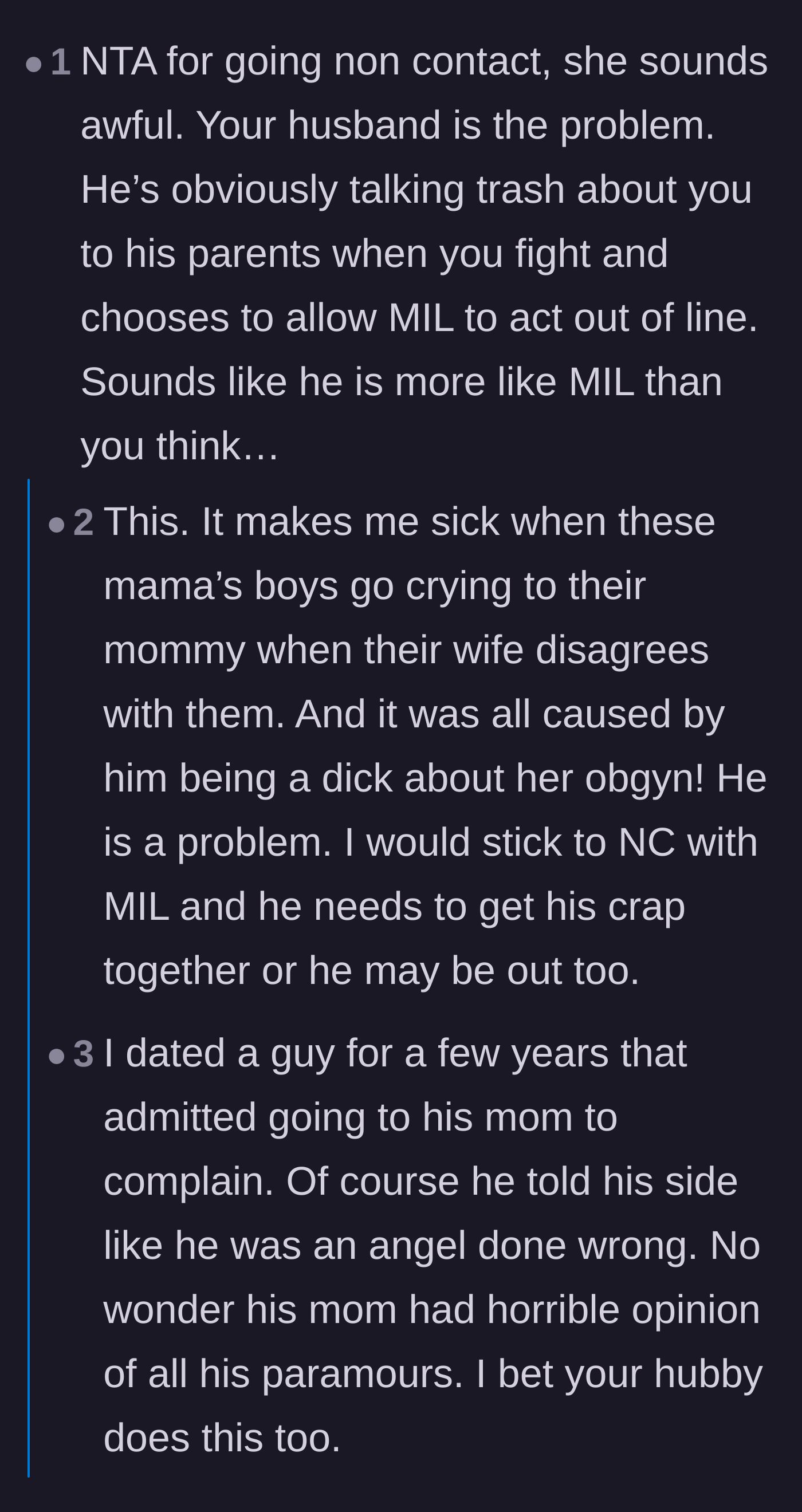 Comment thread 2 - Commenters discussing how mama's boys twist the truth to make their wives look like the villain.