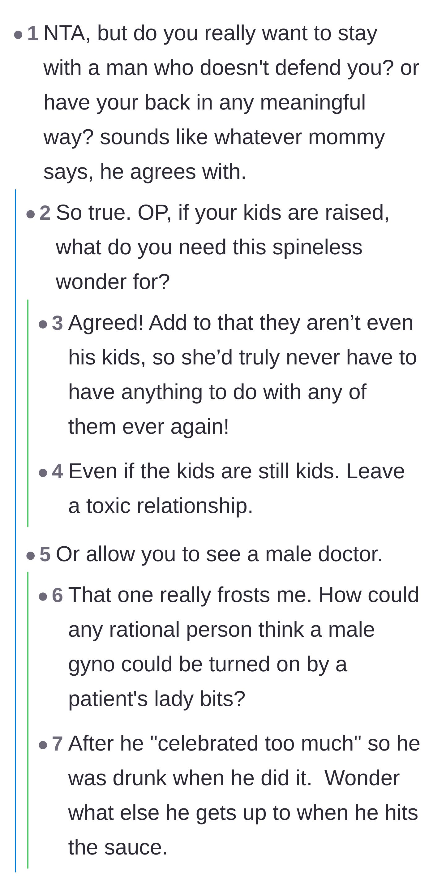 Comment thread 3 - Users questioning why the author stays with a partner who refuses to defend her or her healthcare choices.
