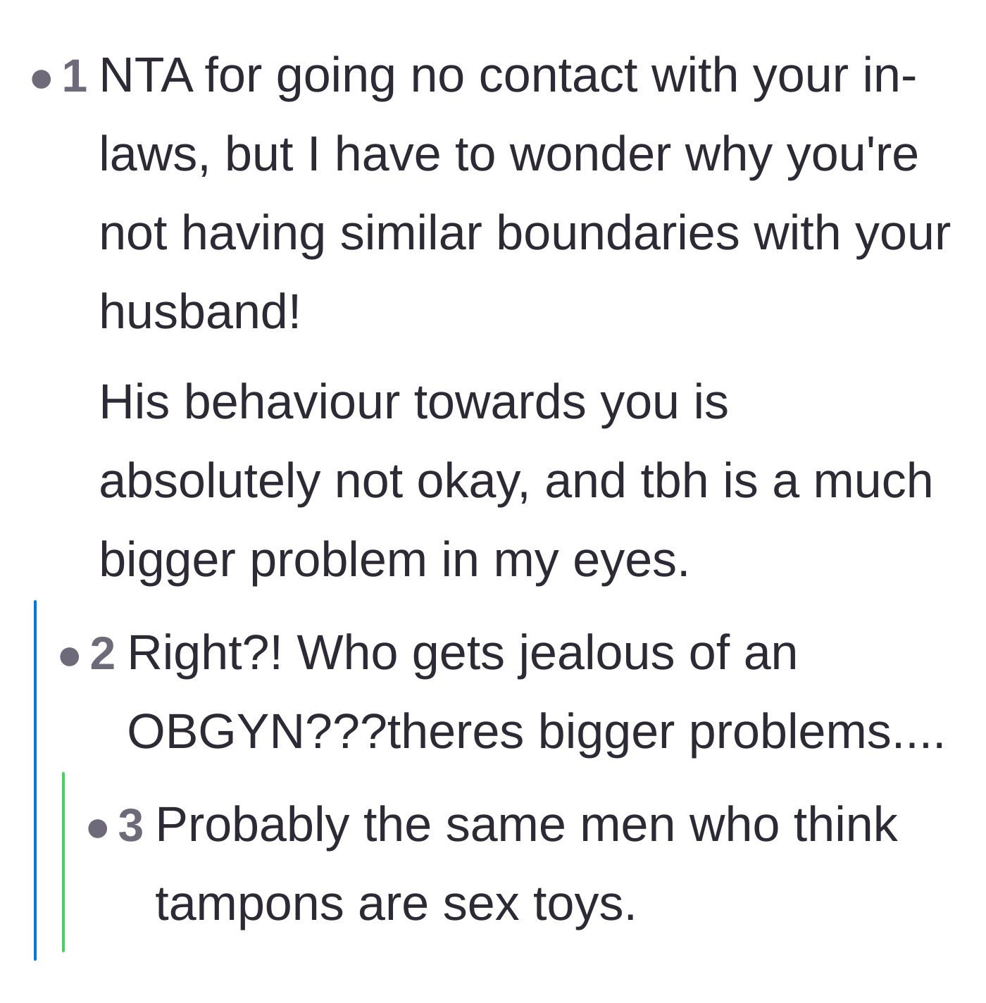 Comment thread 4 - Advice pointing out the glaring lack of boundaries between the author and her husband.
