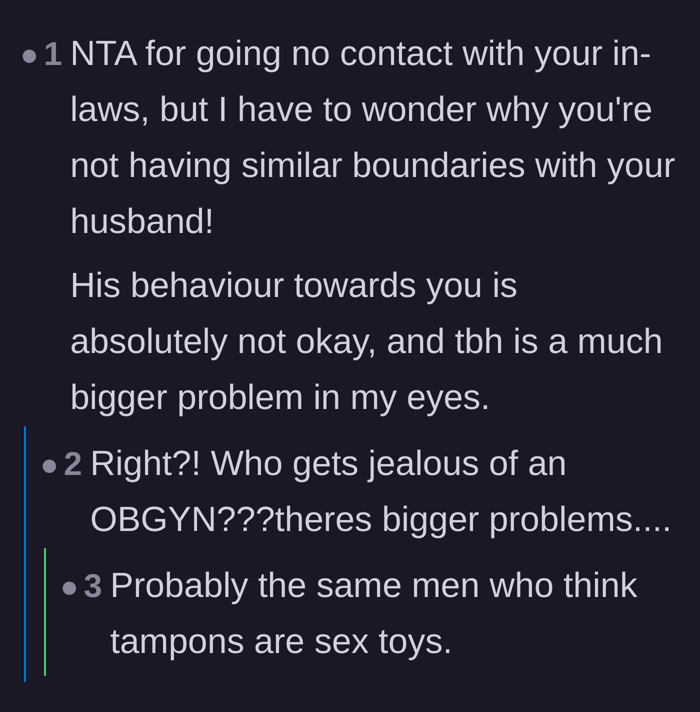Comment thread 4 - Advice pointing out the glaring lack of boundaries between the author and her husband.