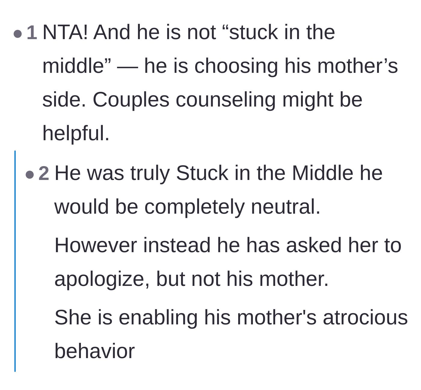 Comment thread 5 - A debate proving the husband isn't 'stuck in the middle' but is actively choosing his mother's side.