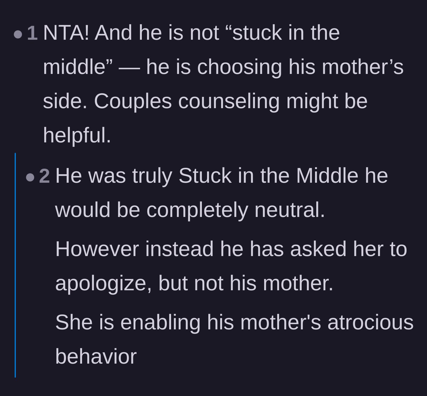 Comment thread 5 - A debate proving the husband isn't 'stuck in the middle' but is actively choosing his mother's side.