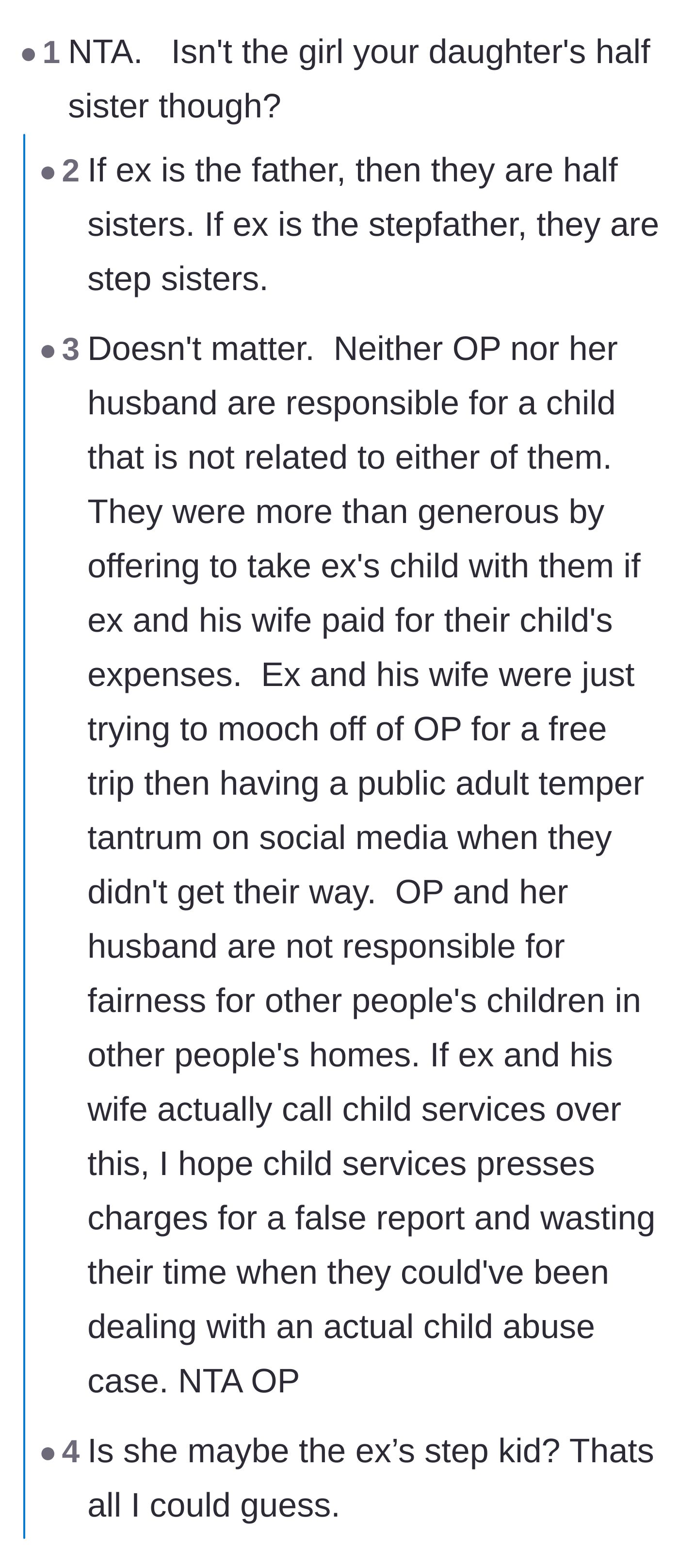 Comment thread 1 - Debate on family relations and advice to communicate through a legal parenting app after the ex's public tantrum.