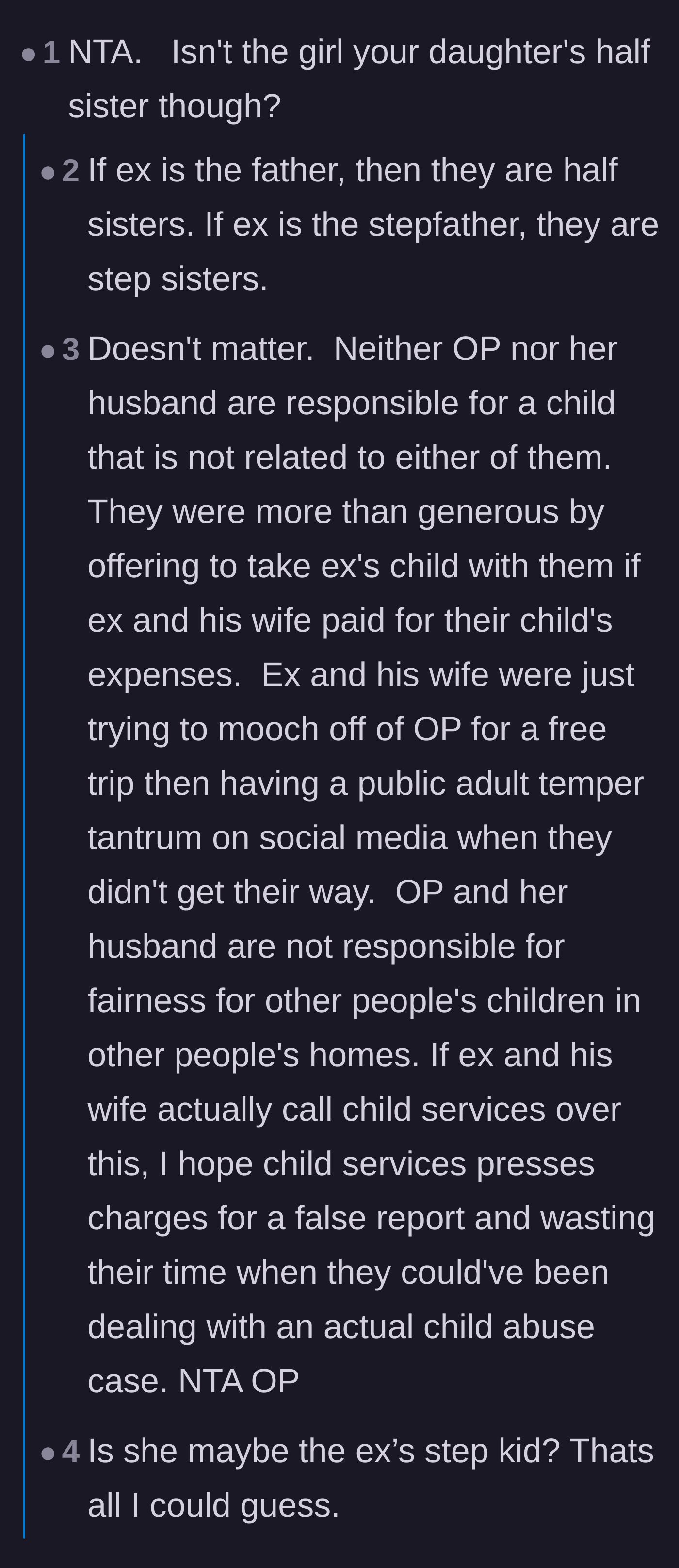 Comment thread 1 - Debate on family relations and advice to communicate through a legal parenting app after the ex's public tantrum.