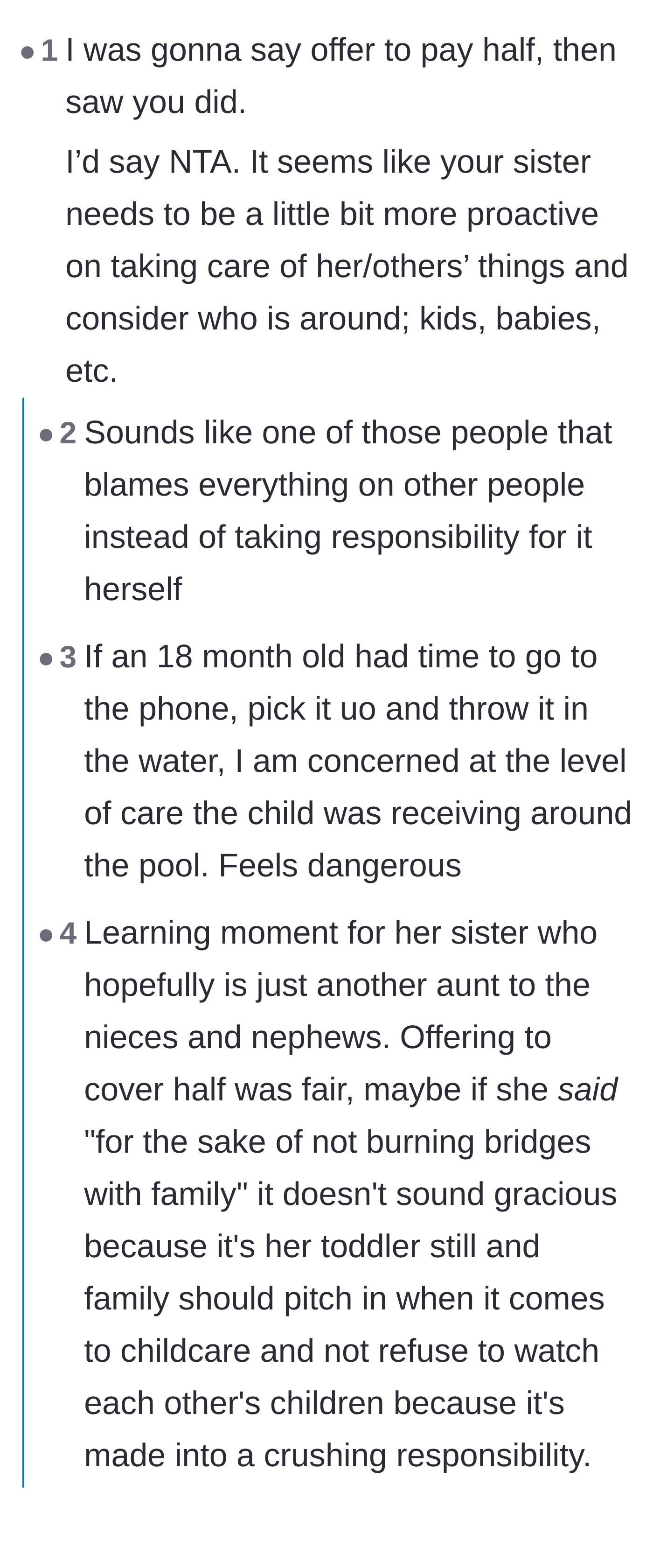 Comment thread 1 - A discussion about how dangerously fast toddlers are and the sister's history of dodging blame.