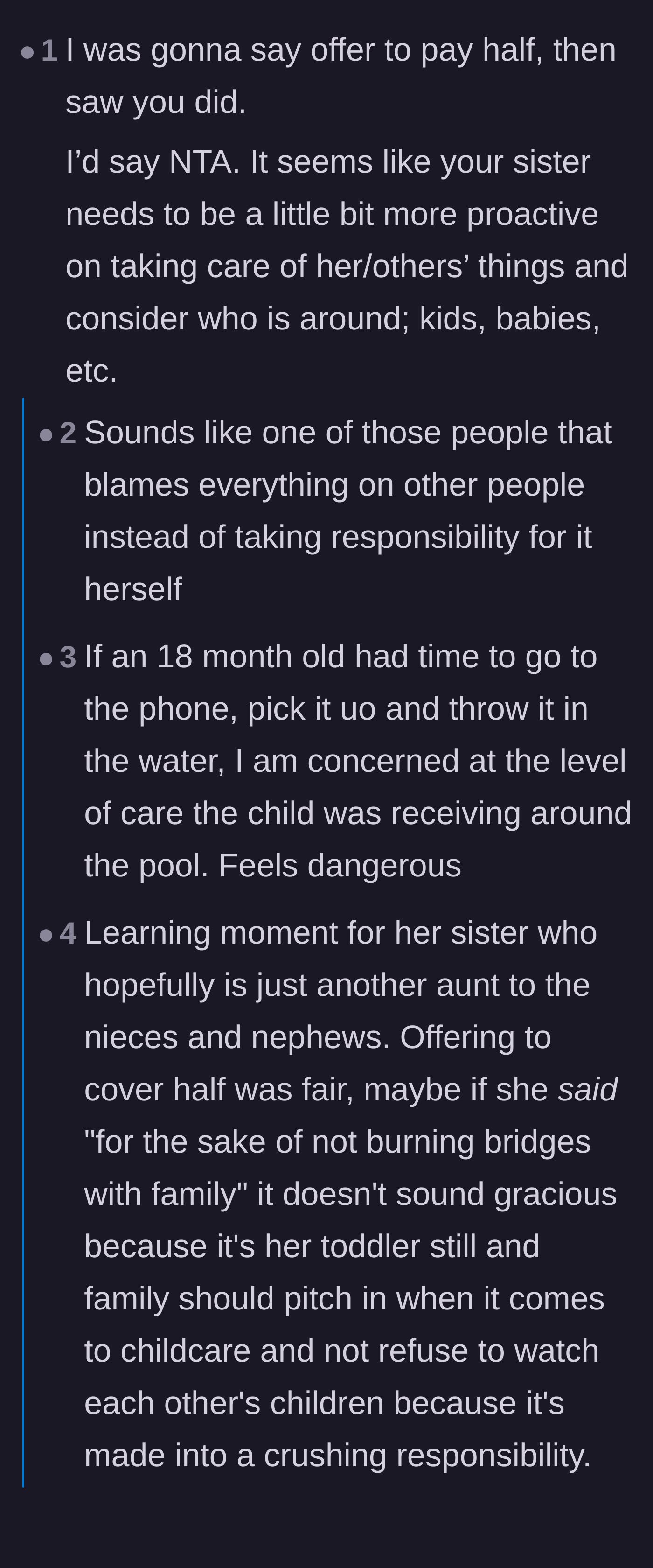 Comment thread 1 - A discussion about how dangerously fast toddlers are and the sister's history of dodging blame.