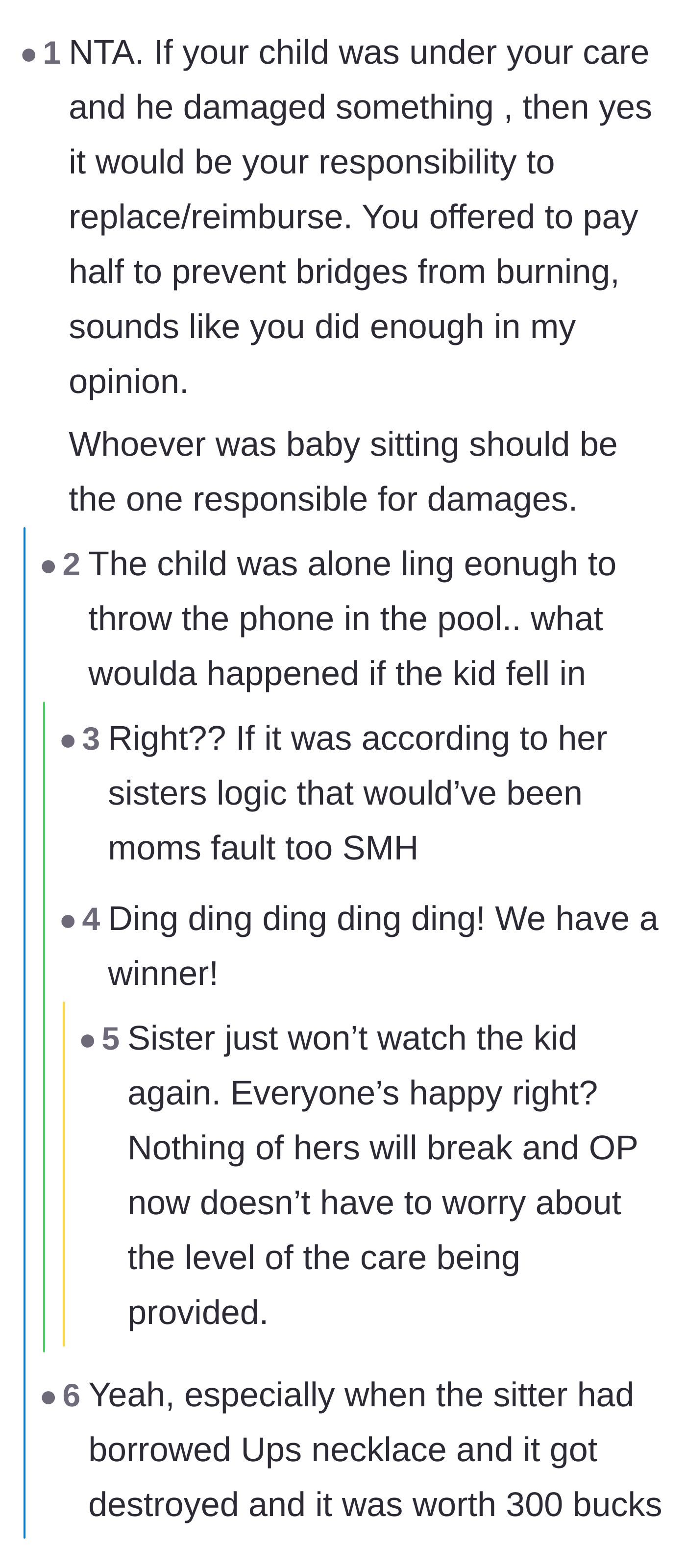 Comment thread 2 - Commenters arguing that the designated babysitter bears the ultimate responsibility for damages.