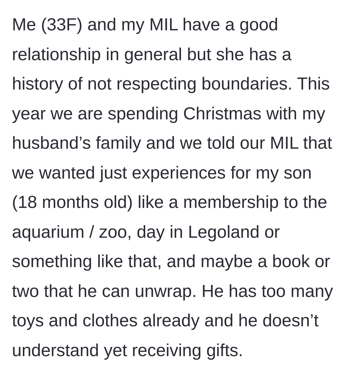 Story part 1 - A 33-year-old mom explains her incredibly reasonable request for experience-based gifts for her 18-month-old son to her mother-in-law.