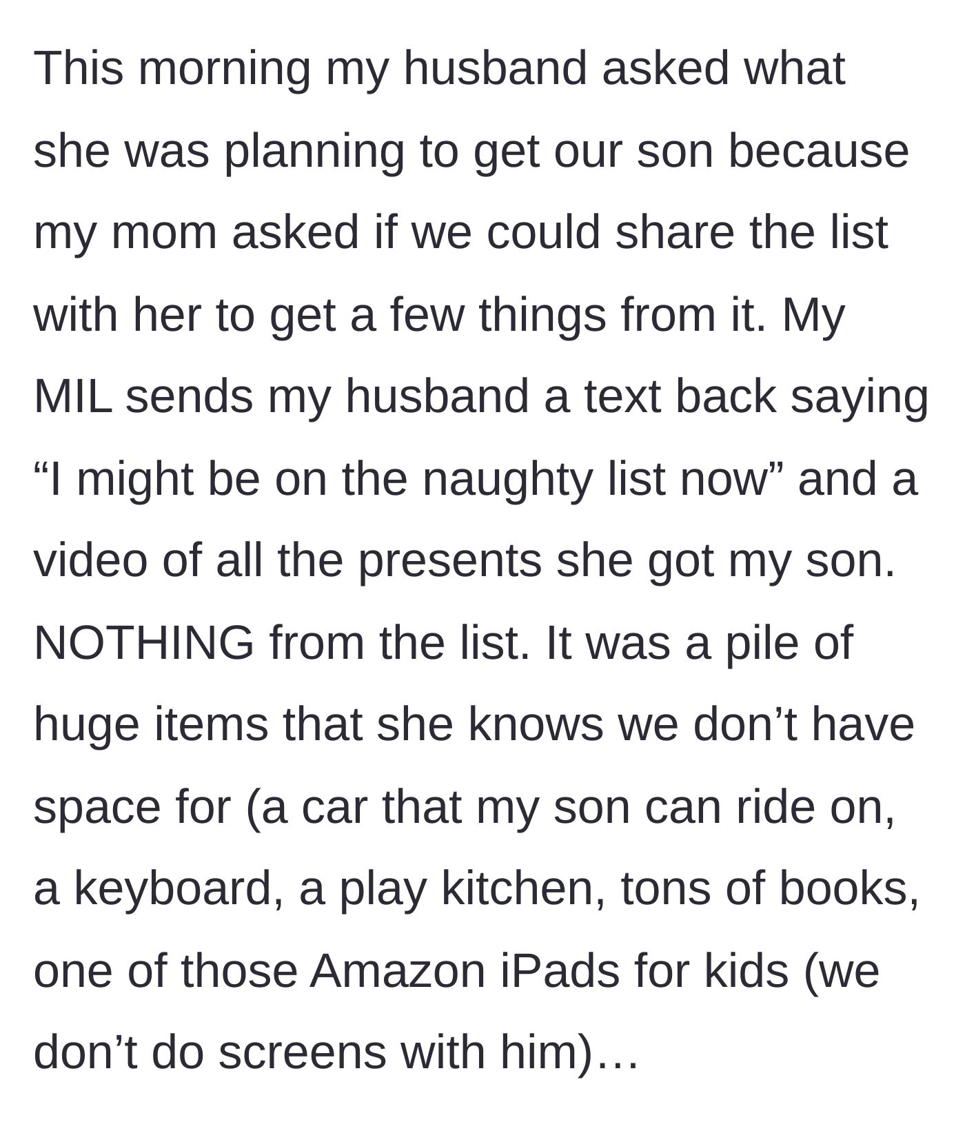 Story part 3 - The mother-in-law sends a text joking about being on the naughty list, along with a video flaunting a mountain of huge, unapproved gifts.