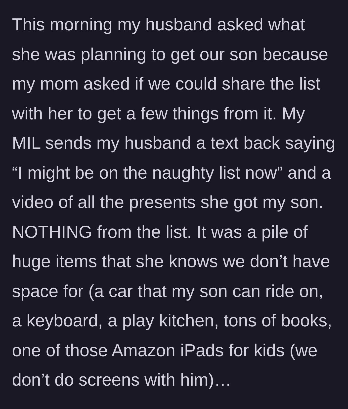 Story part 3 - The mother-in-law sends a text joking about being on the naughty list, along with a video flaunting a mountain of huge, unapproved gifts.