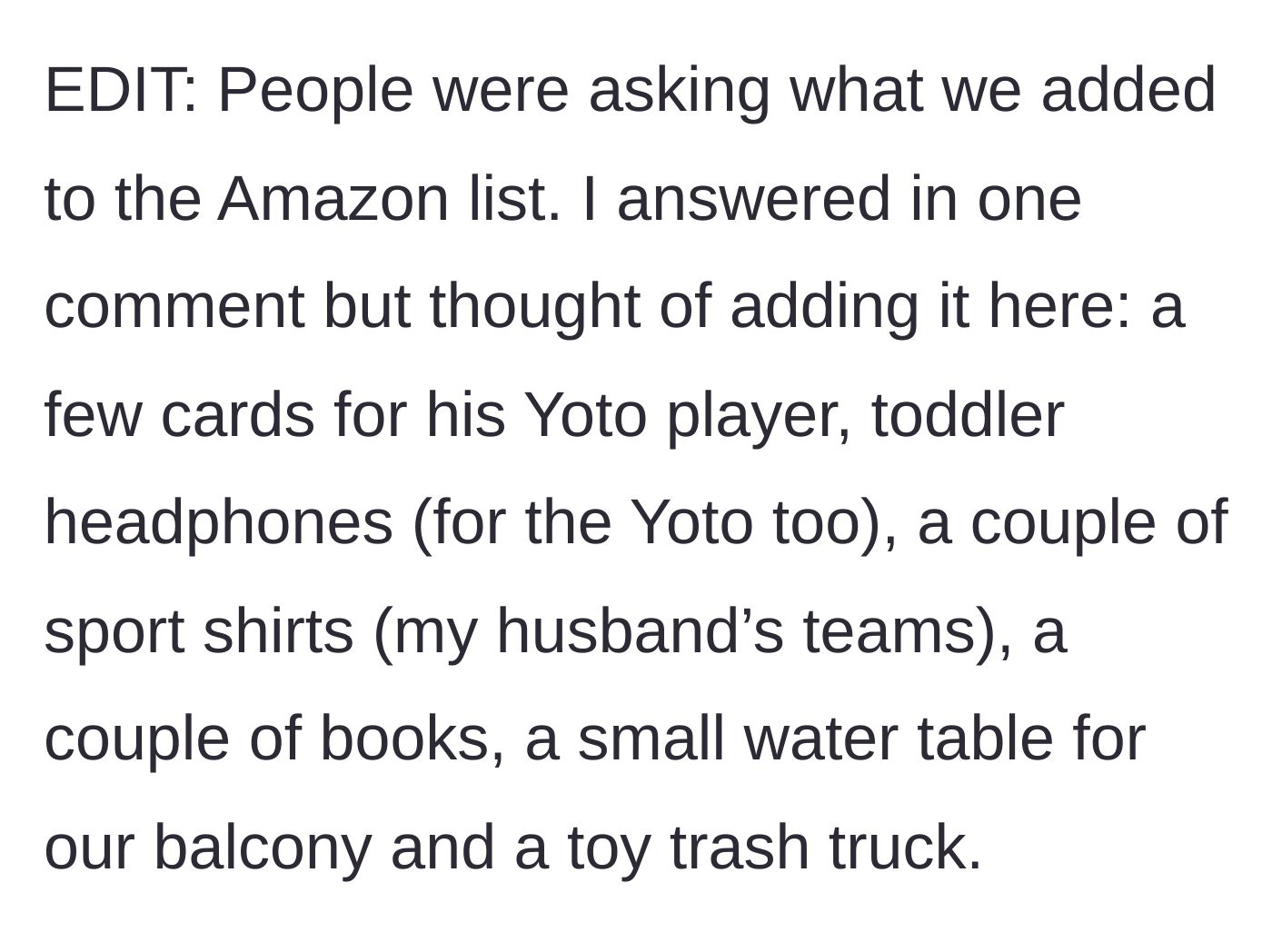 Story part 6 - The mom lists the practical, simple items they had originally requested, like toddler headphones and a toy trash truck.