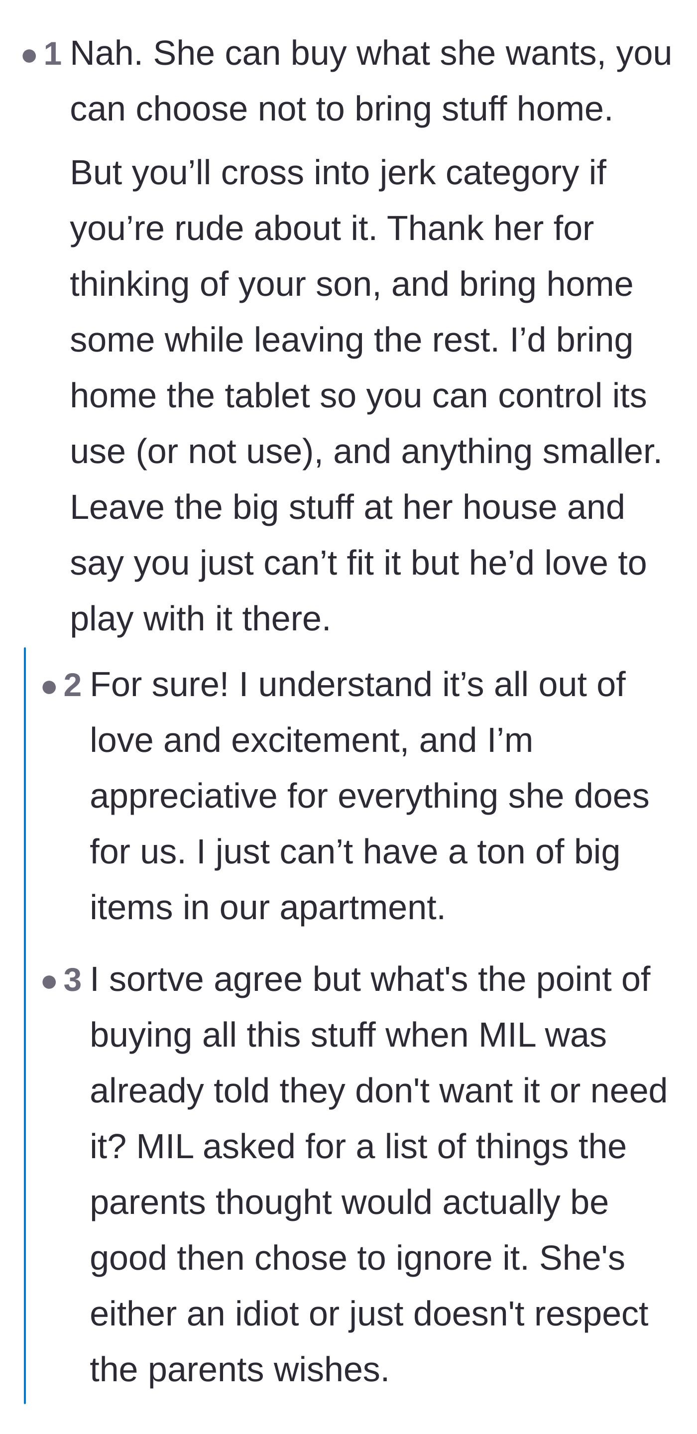 Comment thread 1 - A discussion on leaving the bulky toys at the grandmother's house and the true motivation behind her ignoring the wishlist.