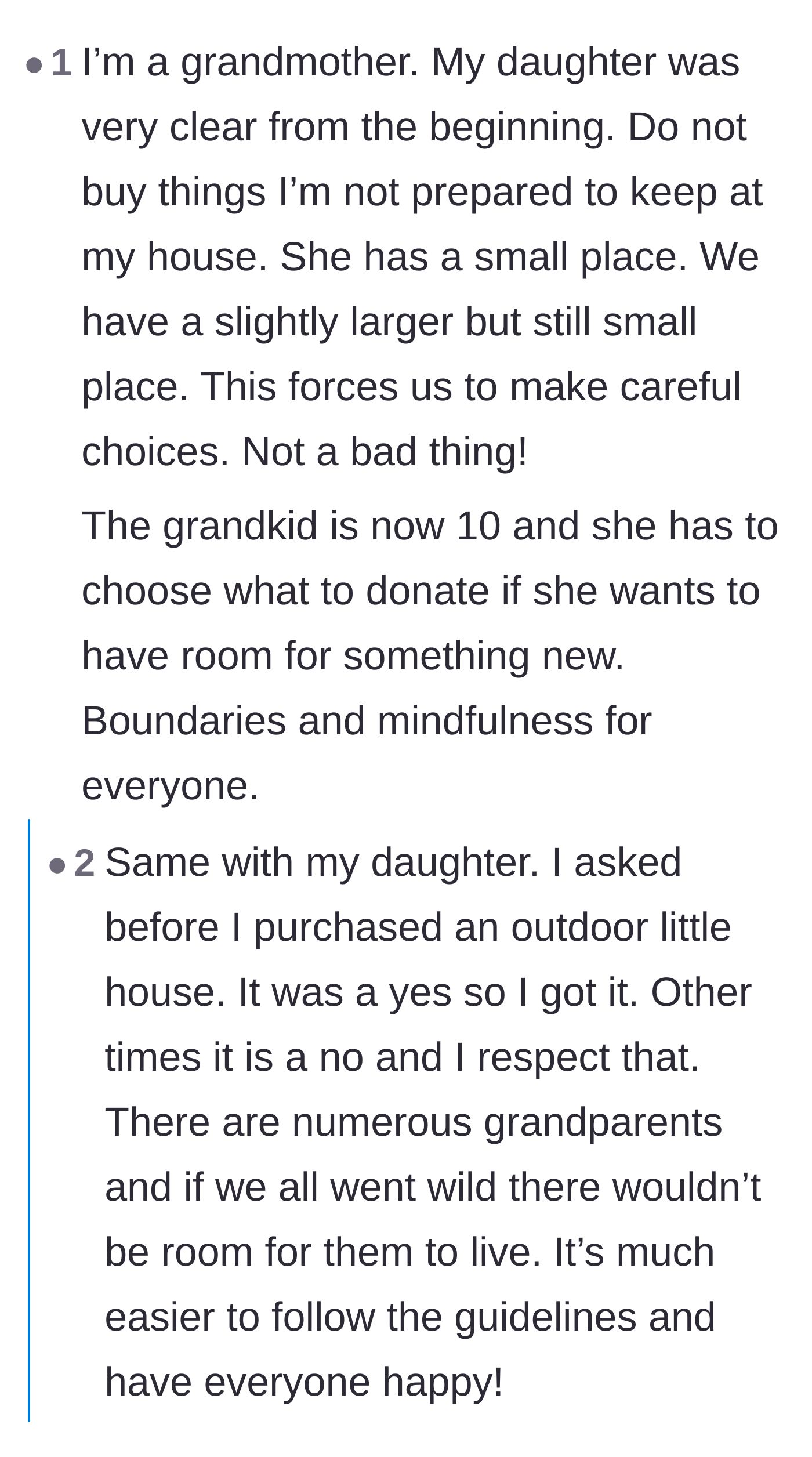 Comment thread 2 - Grandparents weighing in on how respecting boundaries and gifting experiences is actually a wonderful way to bond.