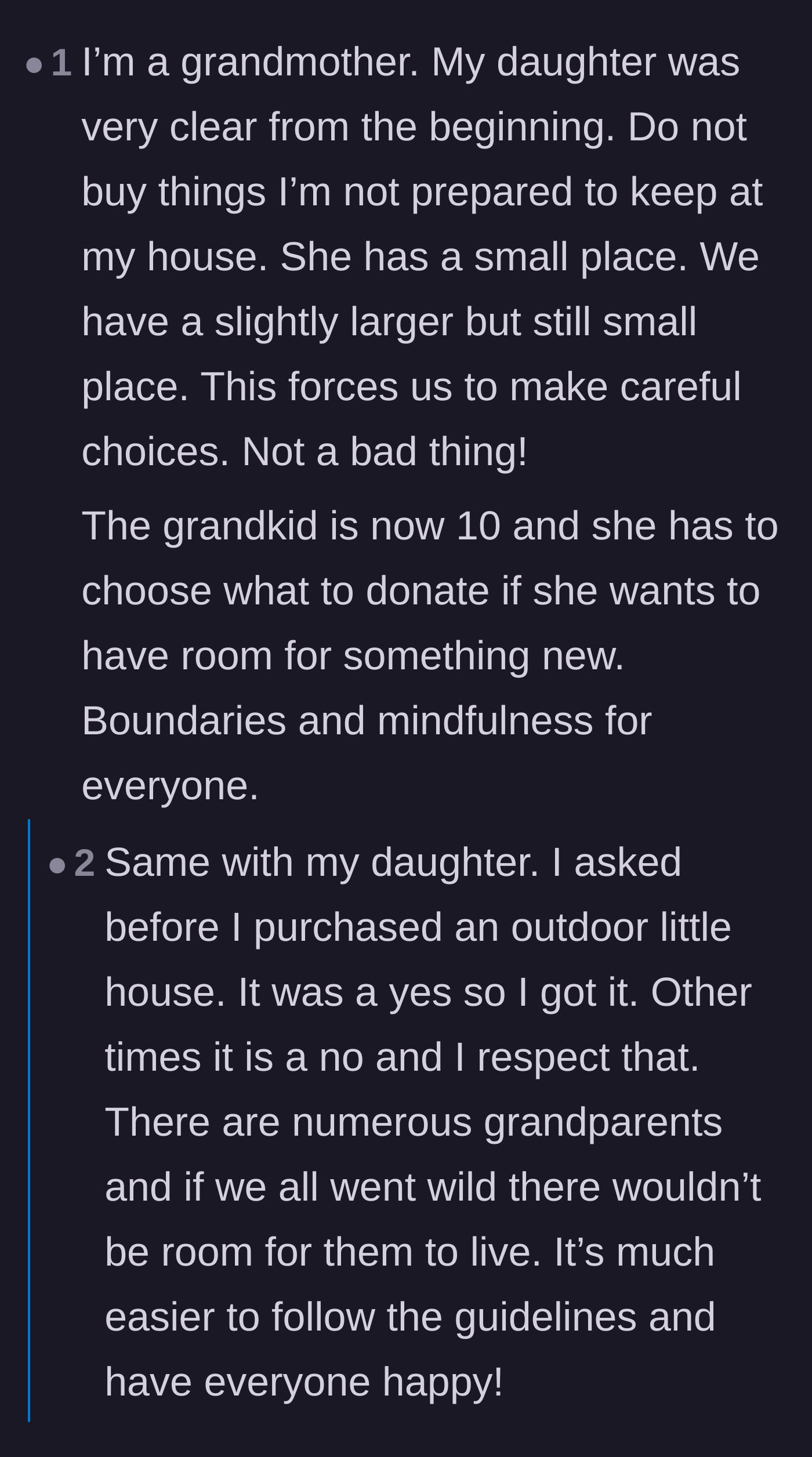 Comment thread 2 - Grandparents weighing in on how respecting boundaries and gifting experiences is actually a wonderful way to bond.