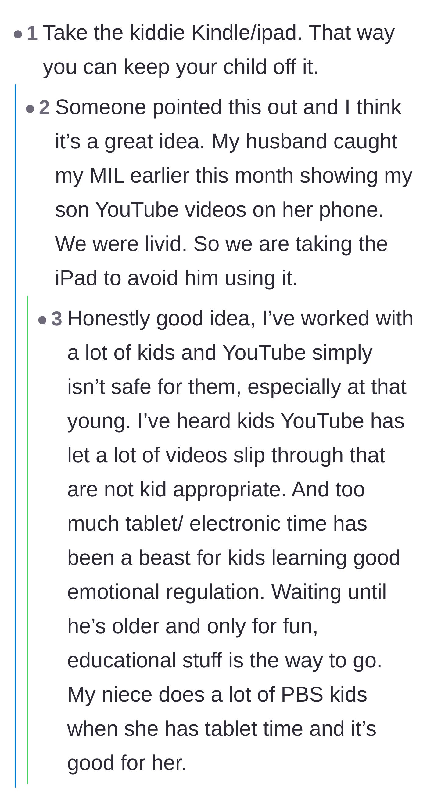 Comment thread 3 - Readers strategizing to take the gifted iPad home specifically to hide it and prevent the mother-in-law from giving the toddler screen time.