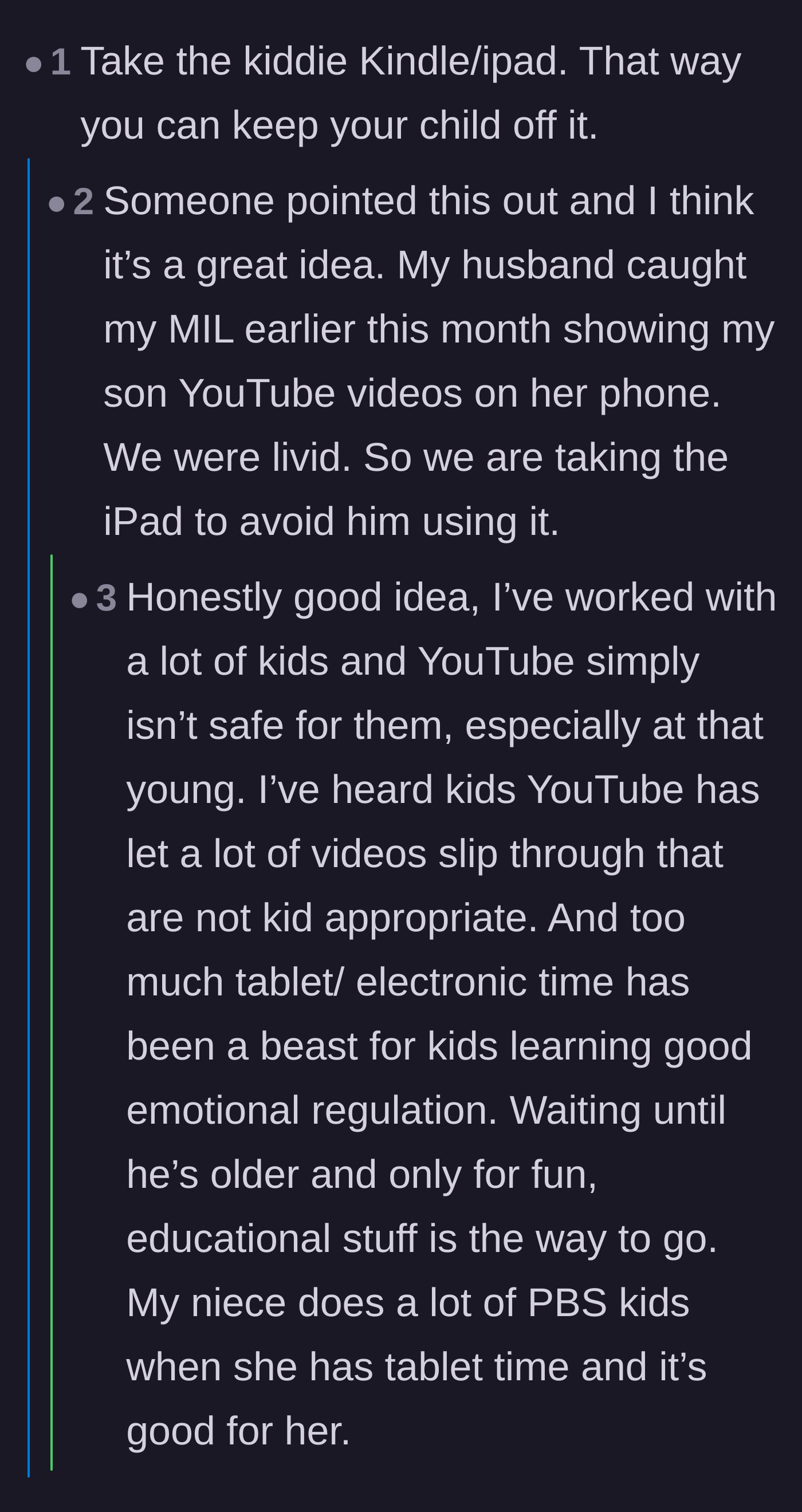 Comment thread 3 - Readers strategizing to take the gifted iPad home specifically to hide it and prevent the mother-in-law from giving the toddler screen time.