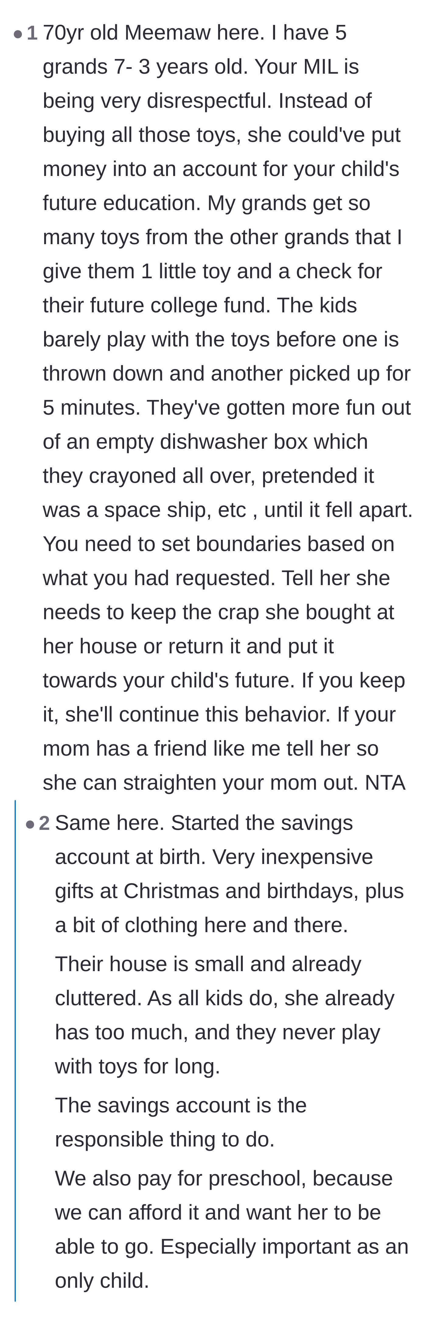 Comment thread 4 - A fellow grandmother calling the mother-in-law disrespectful and advocating for college funds over fast-fashion and cheap toys.