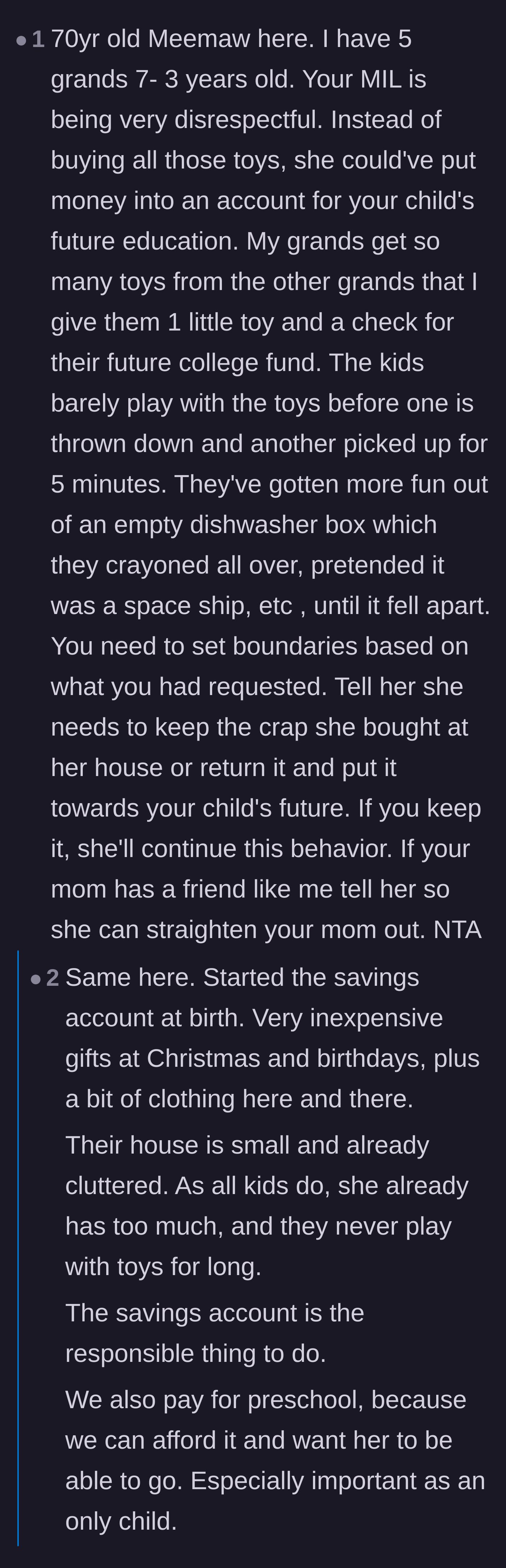 Comment thread 4 - A fellow grandmother calling the mother-in-law disrespectful and advocating for college funds over fast-fashion and cheap toys.