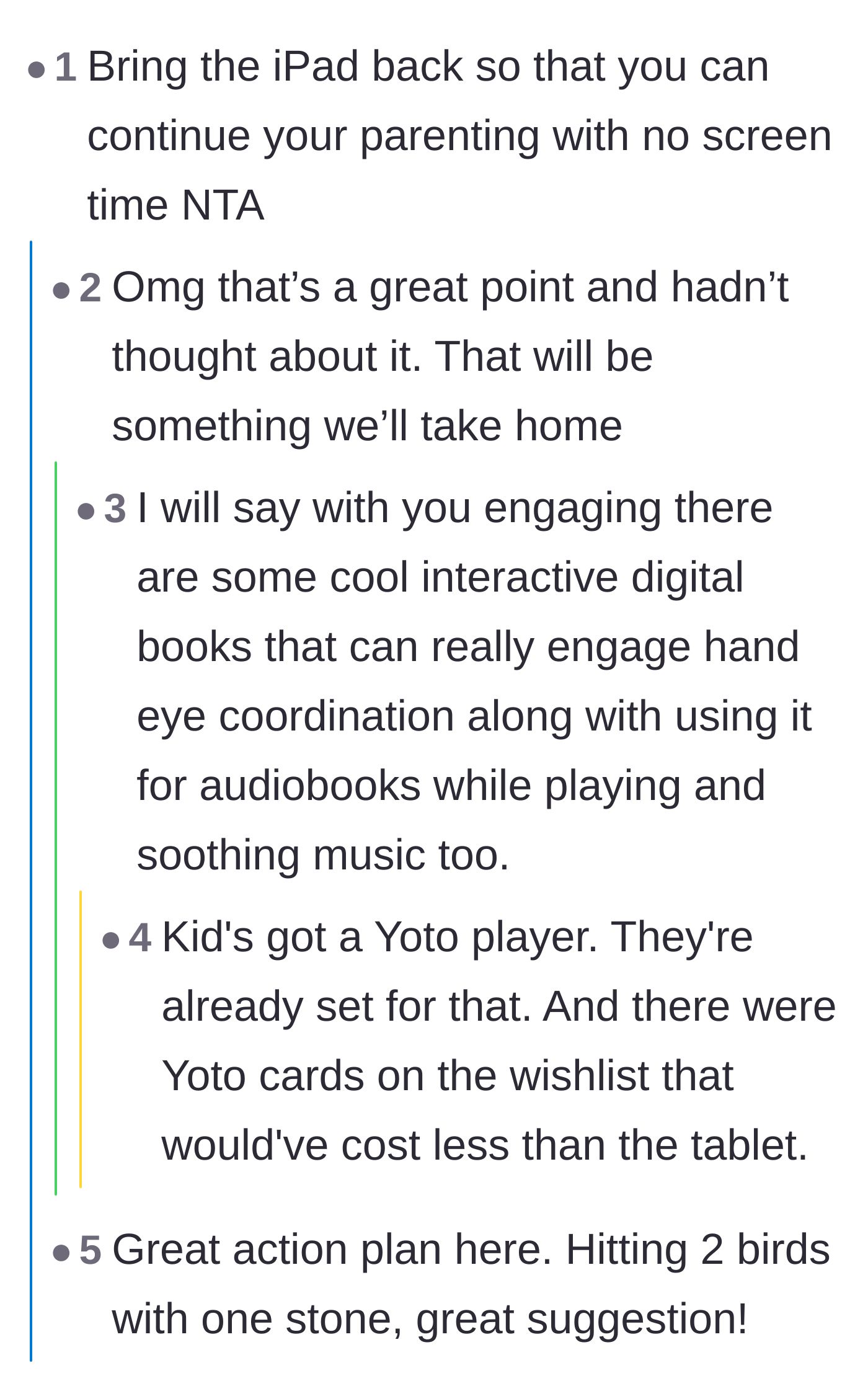 Comment thread 5 - A short thread echoing the brilliant tactic of confiscating the iPad to enforce the strict no-screen-time boundary.