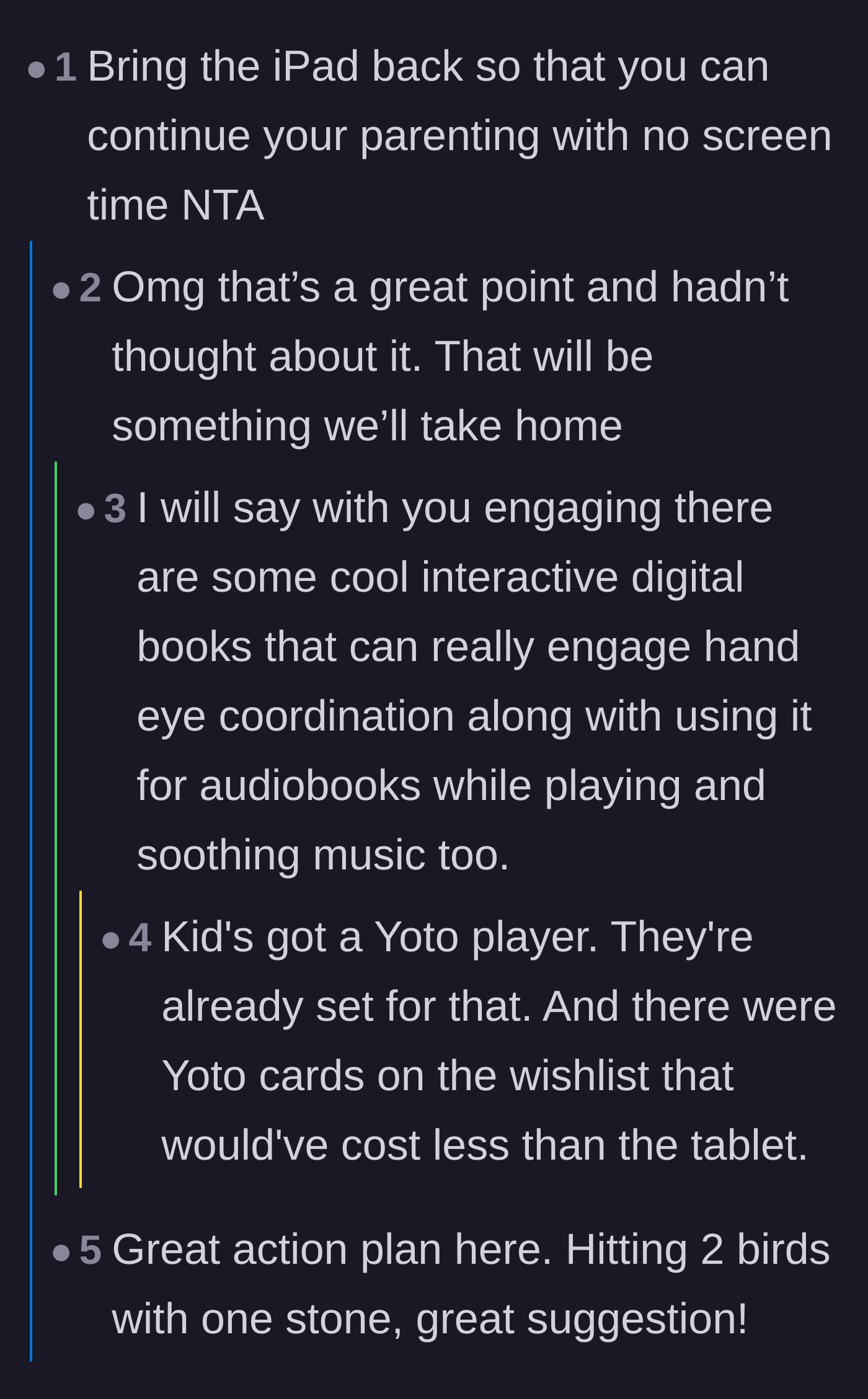 Comment thread 5 - A short thread echoing the brilliant tactic of confiscating the iPad to enforce the strict no-screen-time boundary.