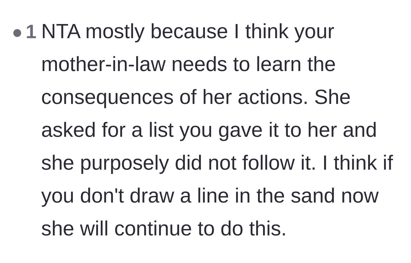 Comment thread 6 - A reader pointing out that giving in now will only teach the mother-in-law that her bad behavior has no consequences.