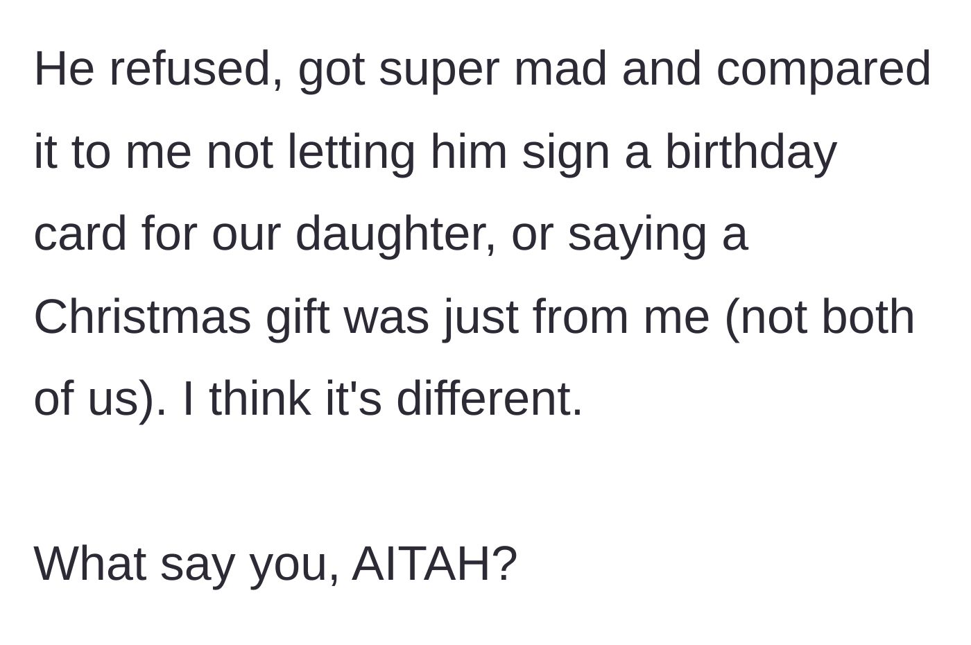 Story part 3 - The husband reacts with anger, falsely equating a personal lunch note to a jointly purchased holiday or birthday gift.