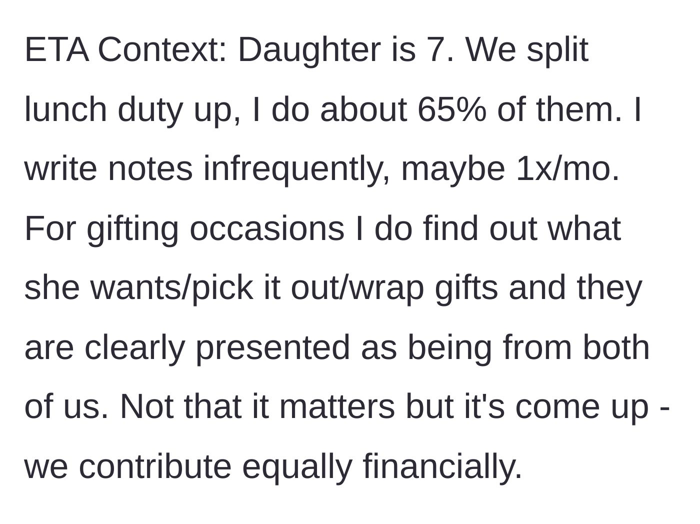 Story part 4 - The mother provides context about their shared finances, joint gifts, and the frequency of her lunchbox surprises.