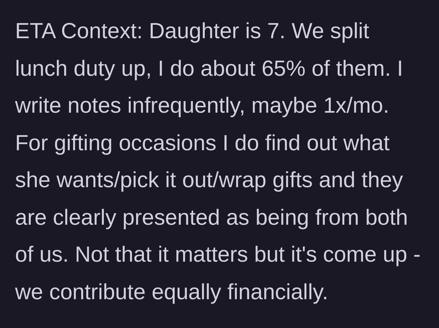 Story part 4 - The mother provides context about their shared finances, joint gifts, and the frequency of her lunchbox surprises.