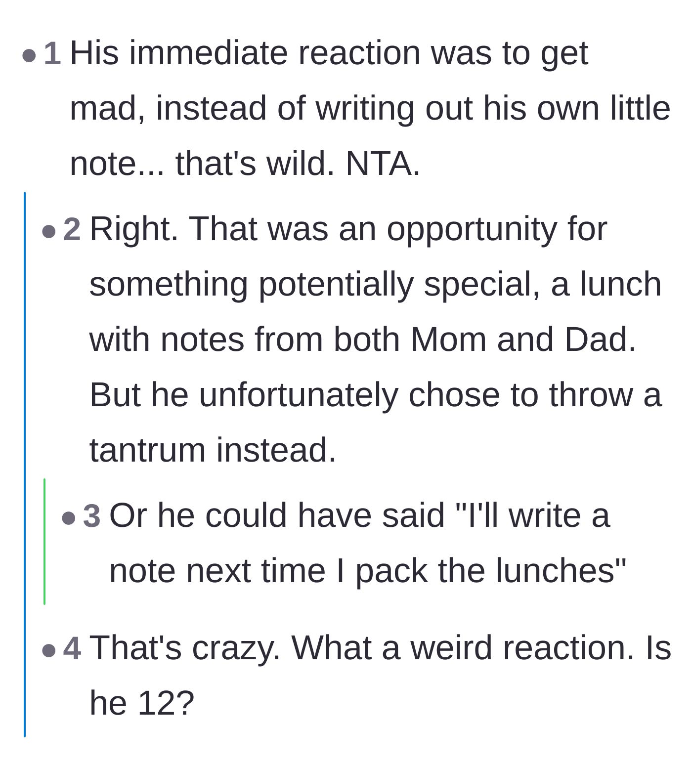 Comment thread 1 - Discussing the husband's decision to throw a tantrum rather than seize a parenting opportunity.