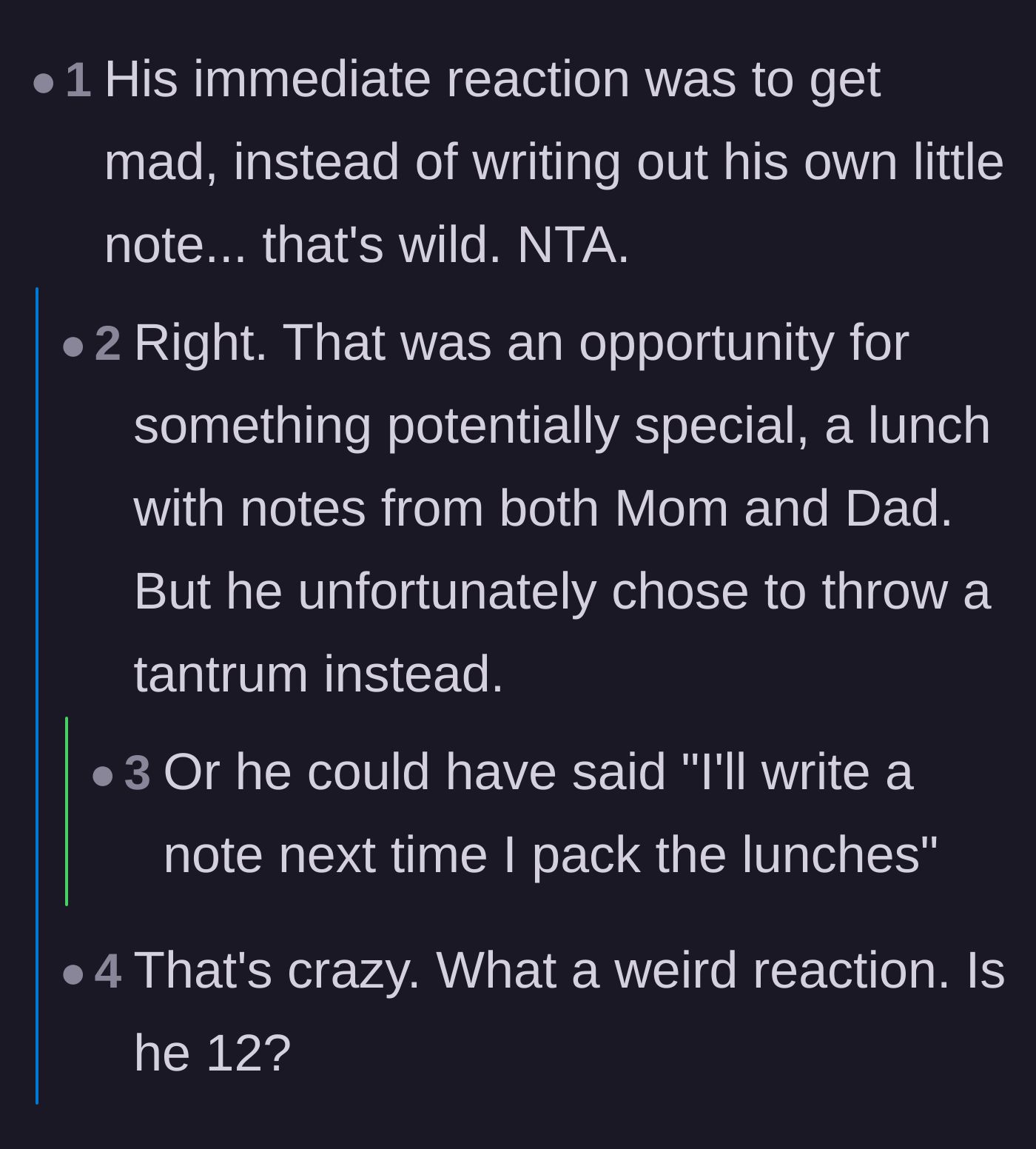 Comment thread 1 - Discussing the husband's decision to throw a tantrum rather than seize a parenting opportunity.