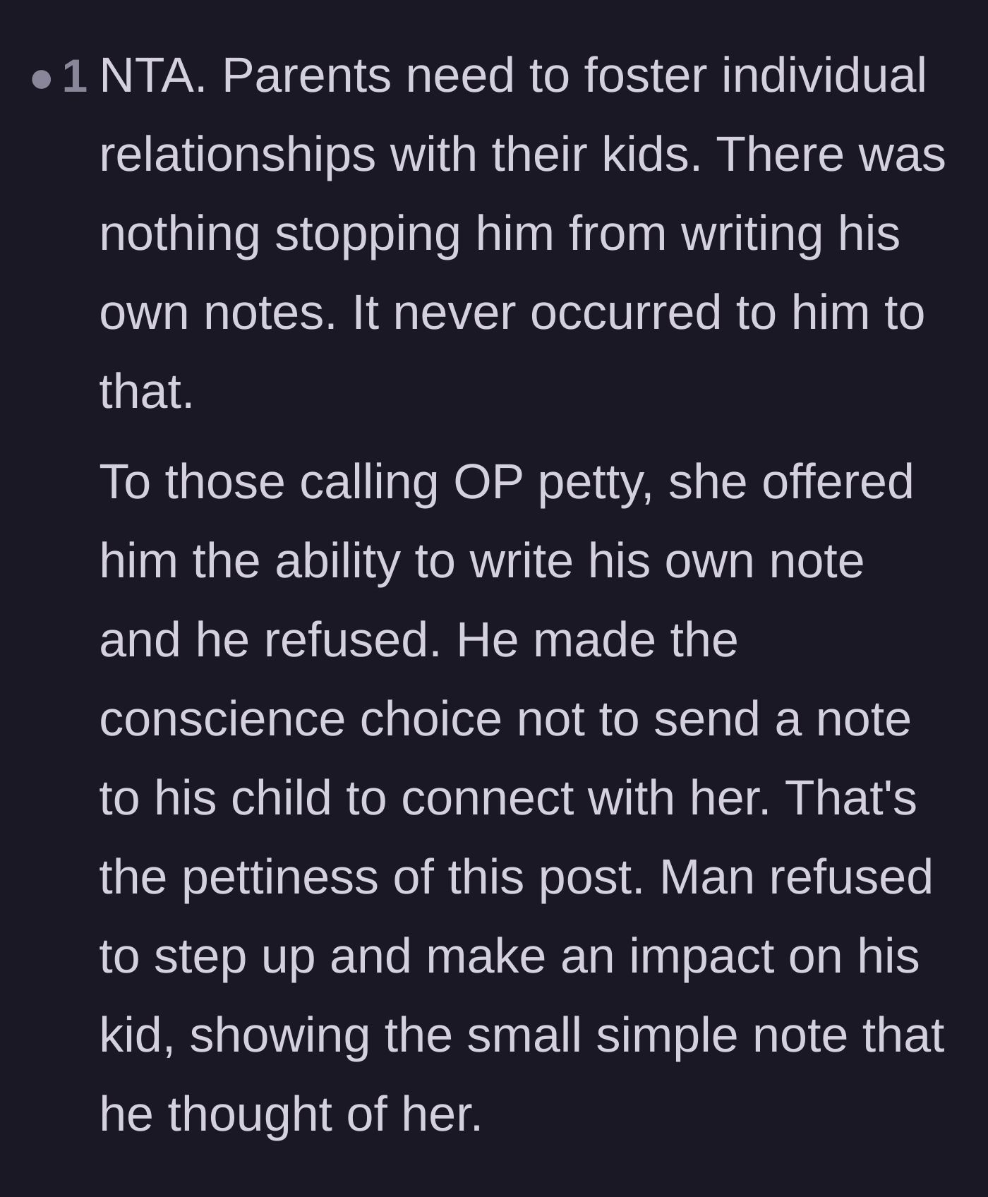 Comment thread 2 - Analyzing the husband's refusal to foster a one-on-one bond with his daughter.