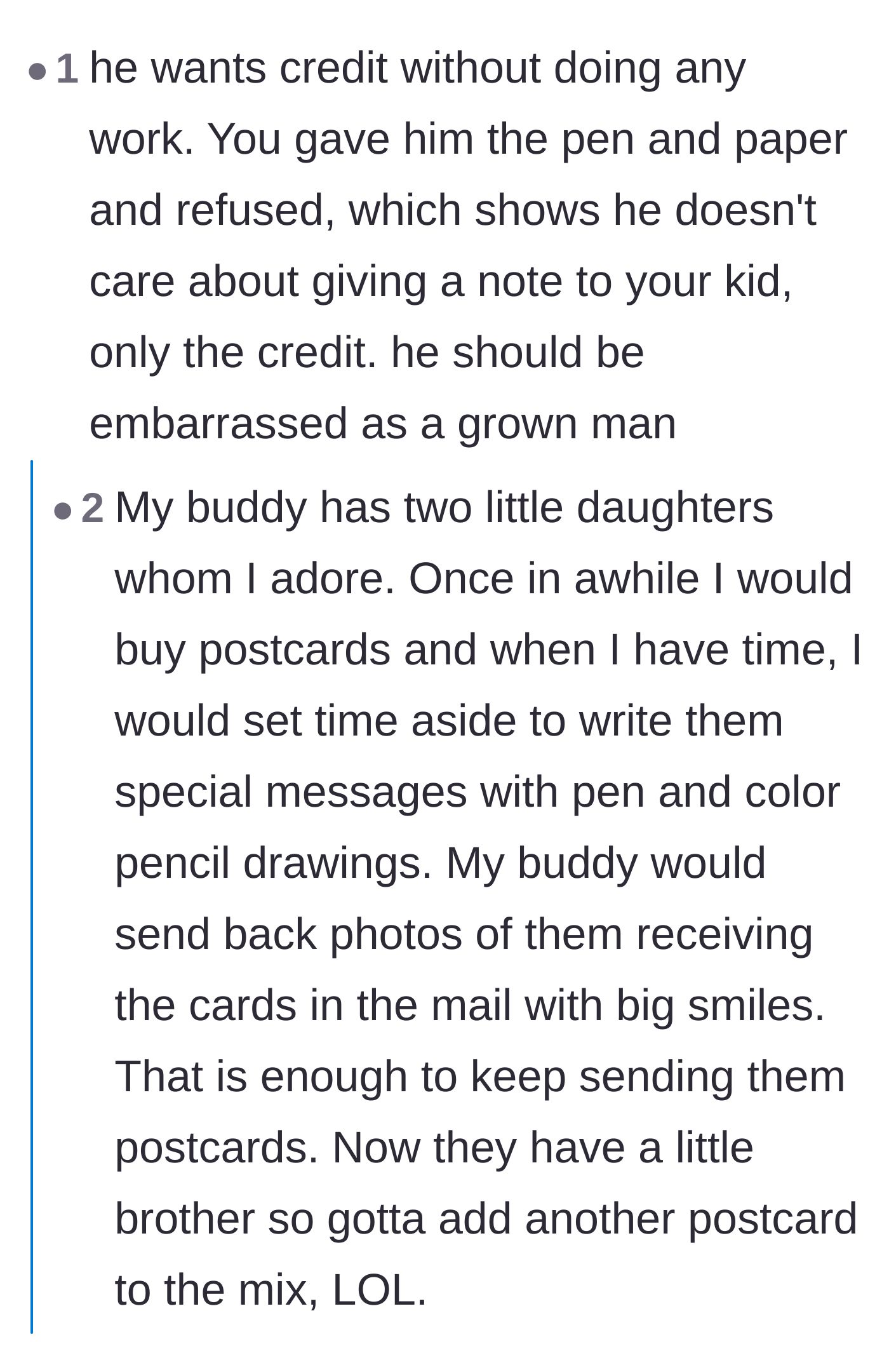 Comment thread 6 - Contrasting the husband's demand for unearned credit with an anecdote about a family friend who joyfully puts in the effort.