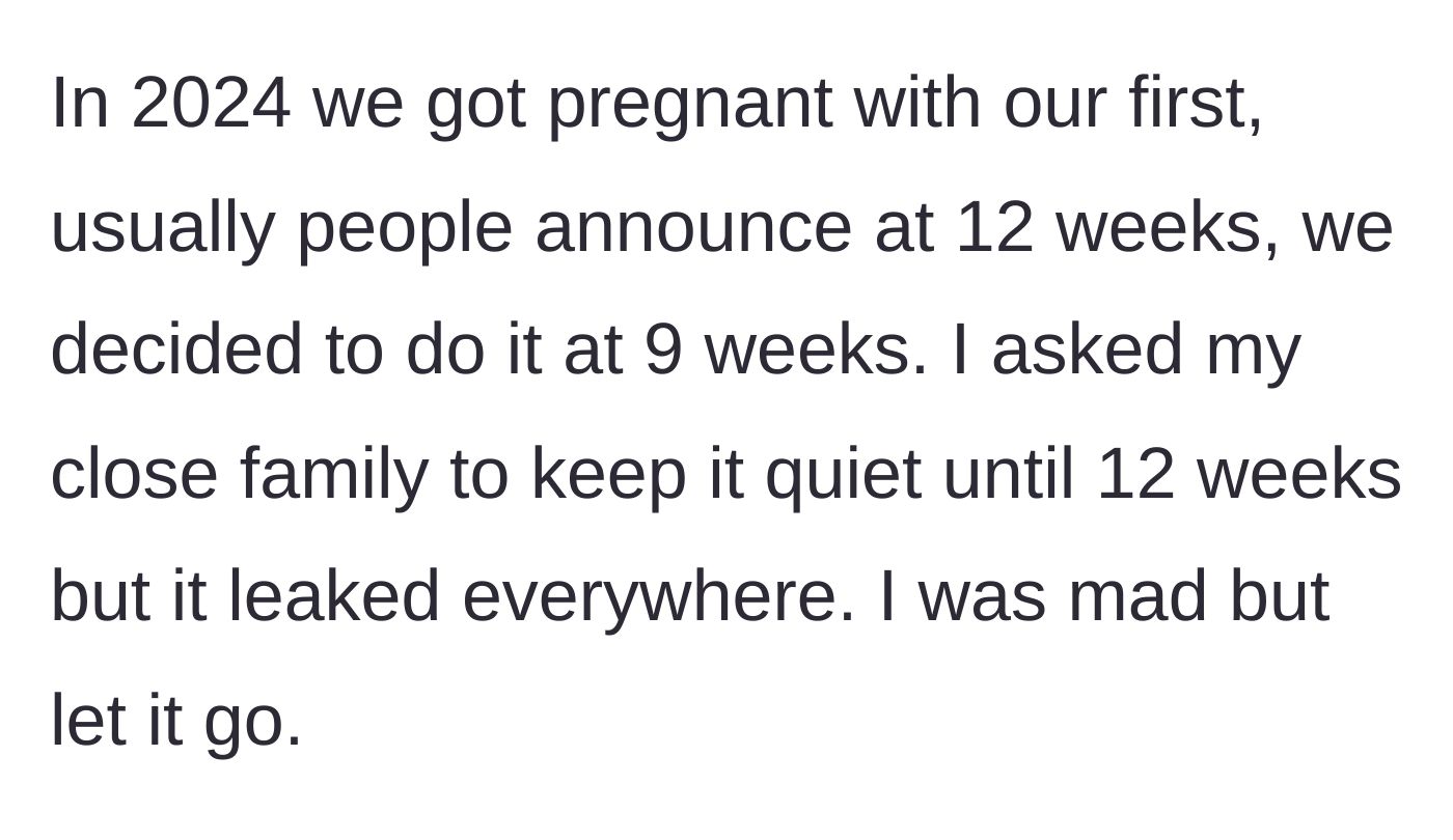 Story part 2 - The main character announces her first pregnancy at 9 weeks, which her family immediately leaks against her wishes.