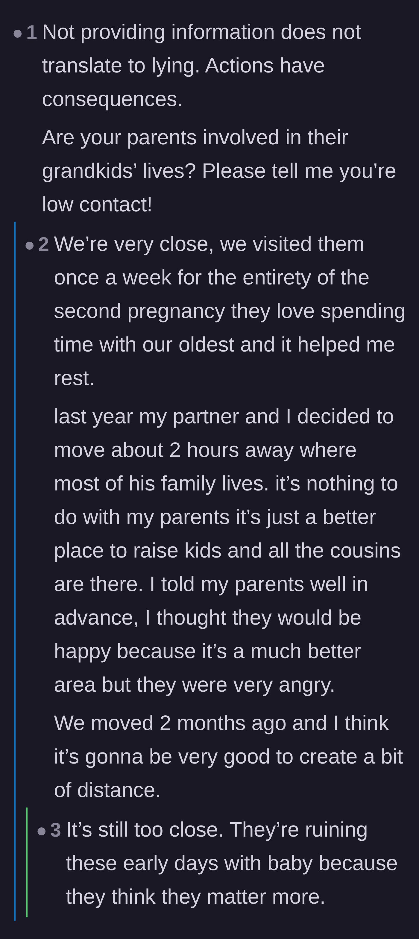 Comment thread 2 - Analysis of the parents' angry reaction to the main character moving two hours away as a textbook sign of narcissistic control.