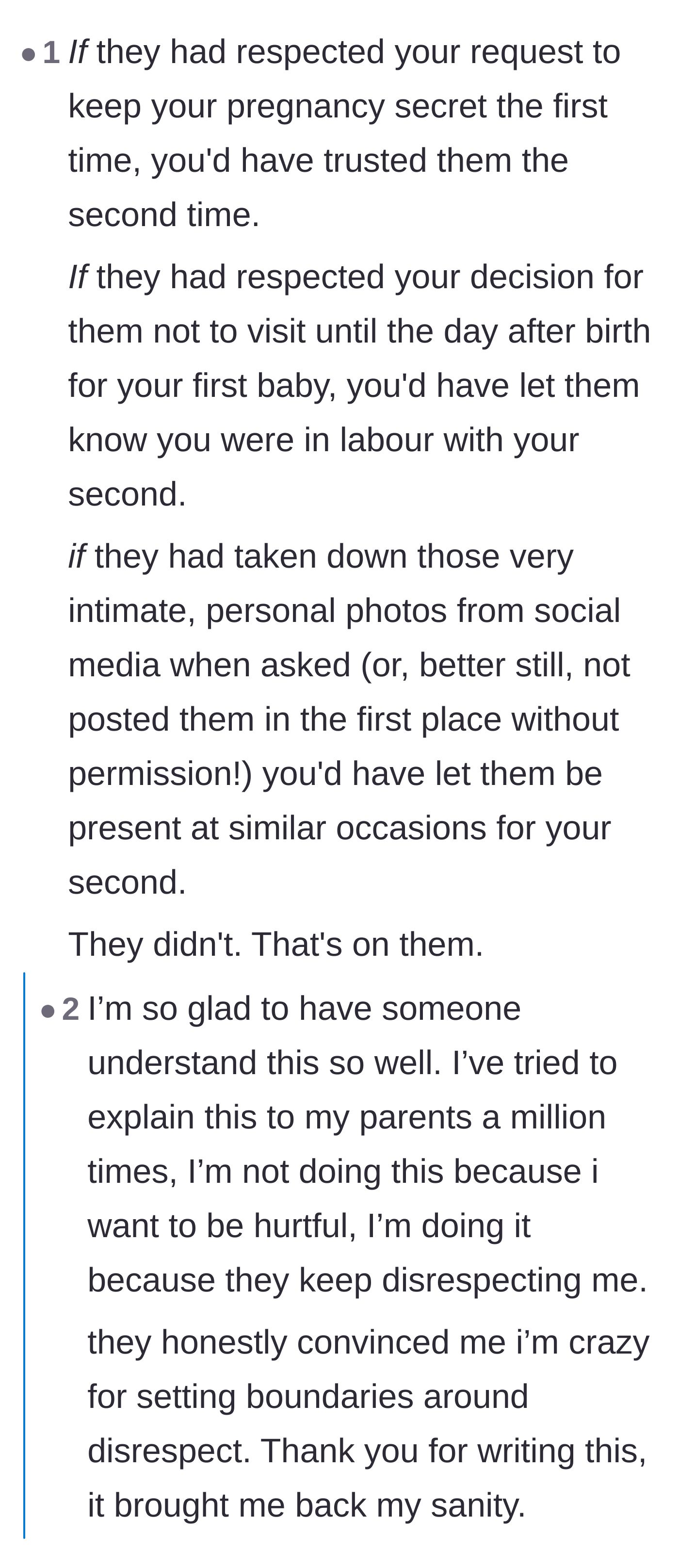 Comment thread 3 - A logical breakdown explaining that the parents' current exclusion is a direct consequence of their past boundary violations.